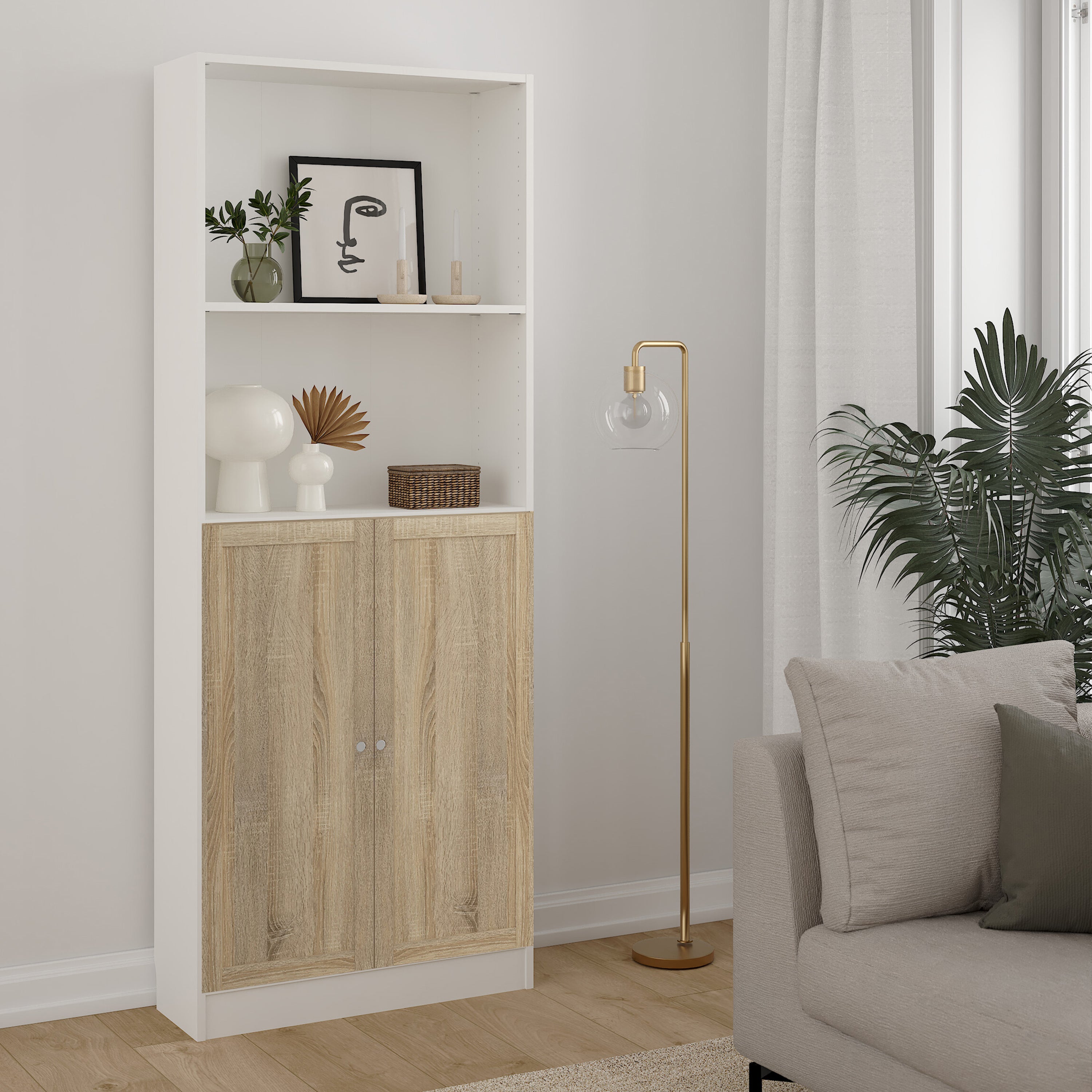 Basic Tall Wide Combination Storage in White (4 Shelves) with 2 Oak Doors