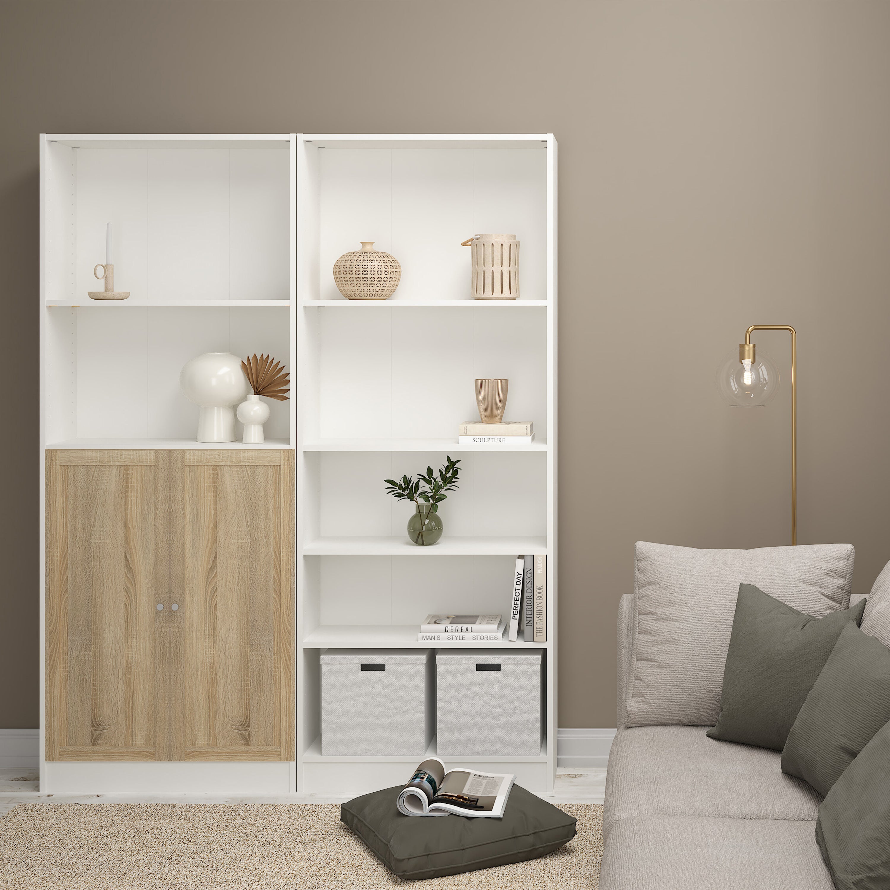 Basic Tall Wide Combination Storage in White (4 Shelves) with 2 Oak Doors