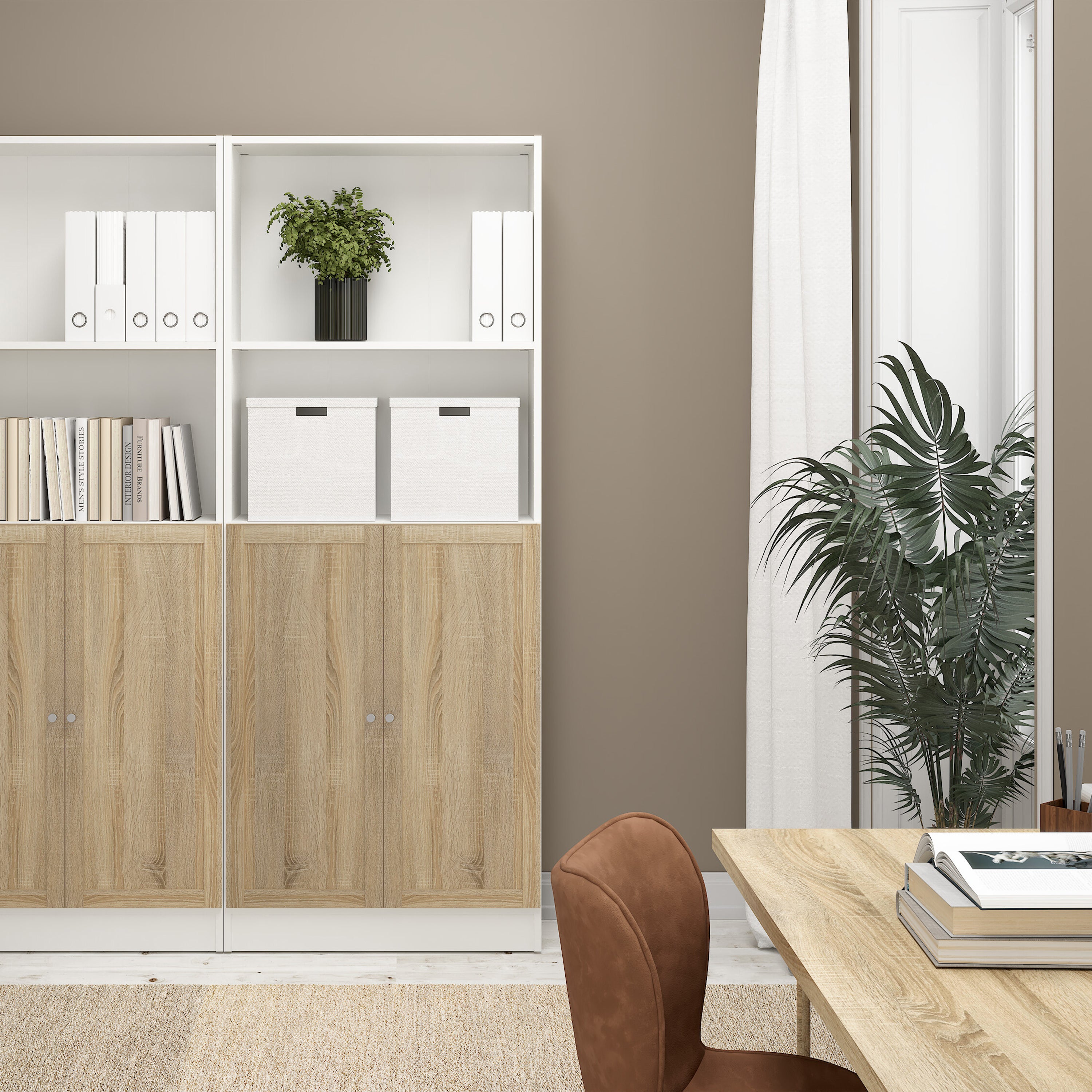 Basic Tall Wide Combination Storage in White (4 Shelves) with 2 Oak Doors