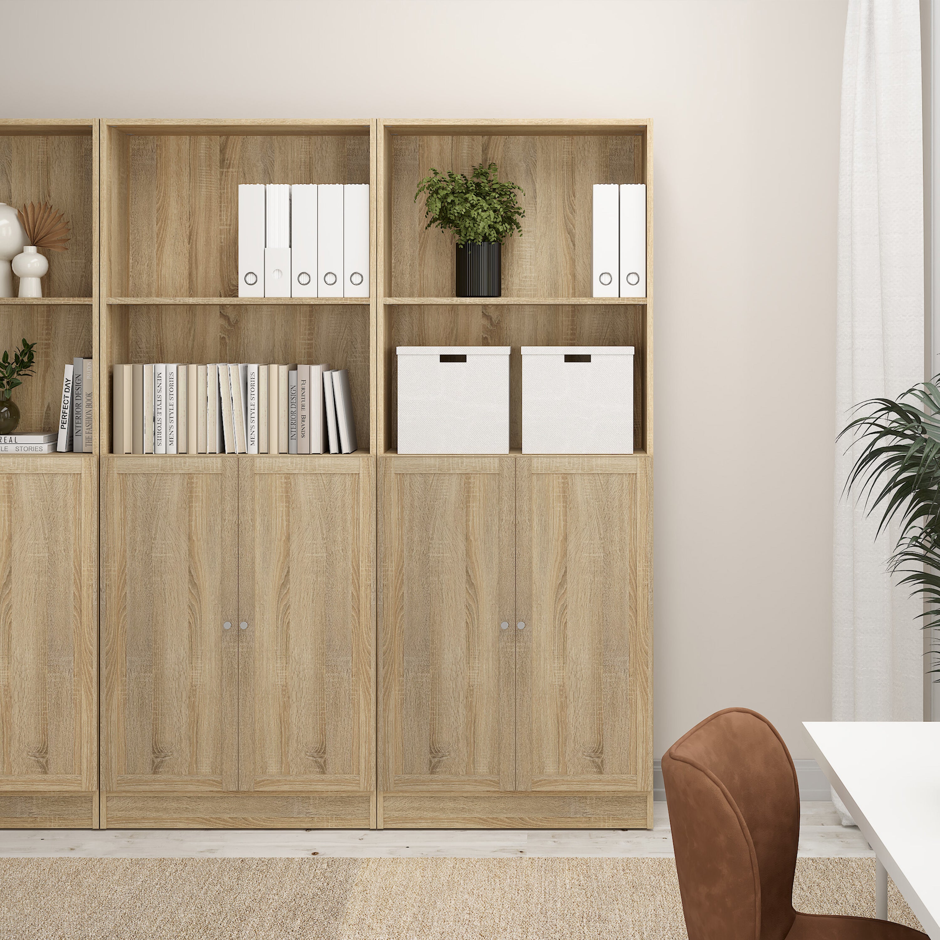Basic Tall Wide Combination Storage in Oak (4 Shelves) with 2 Oak Doors