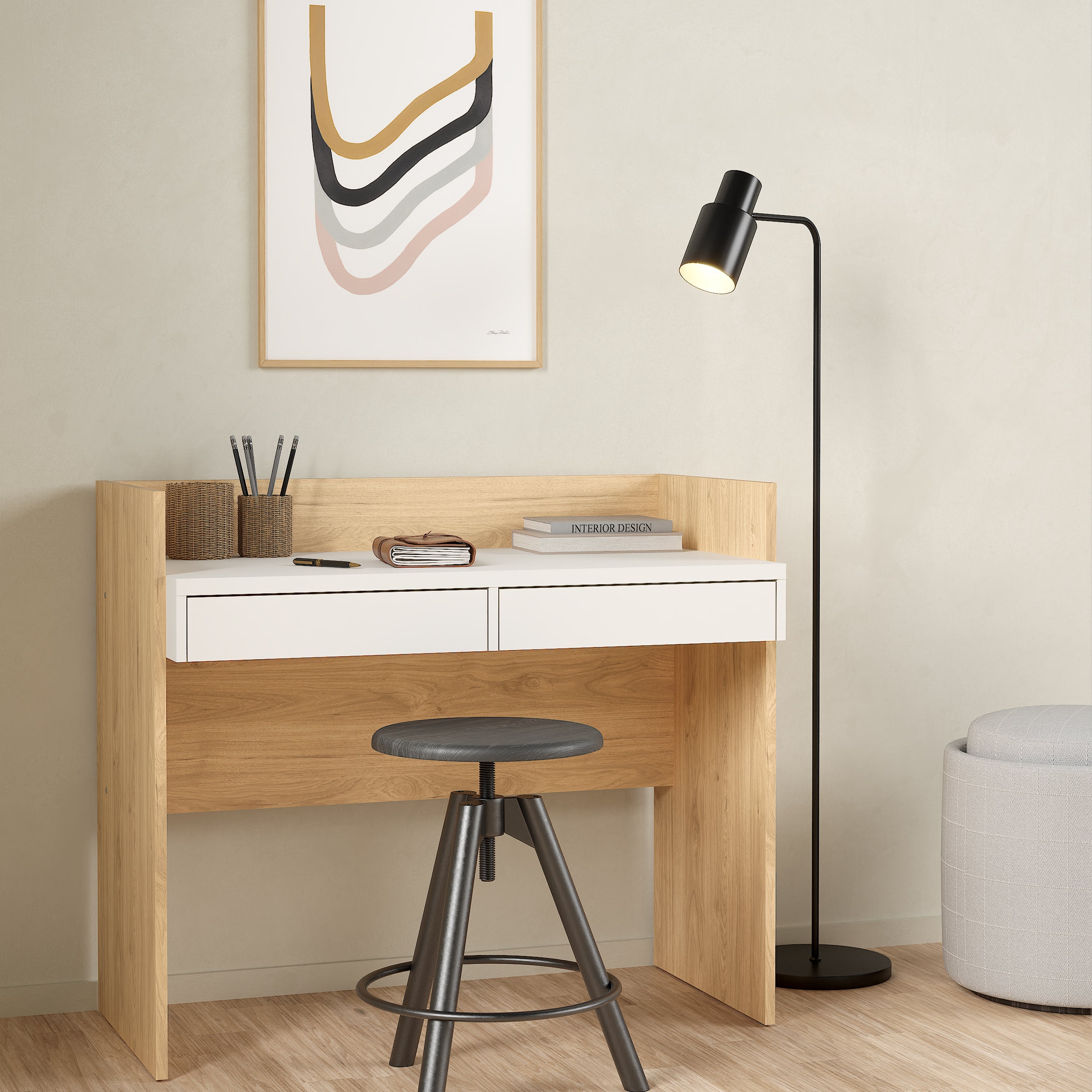 Function Plus Desk 2 Drawers In Jackson Hickory and White – FTG, view 6