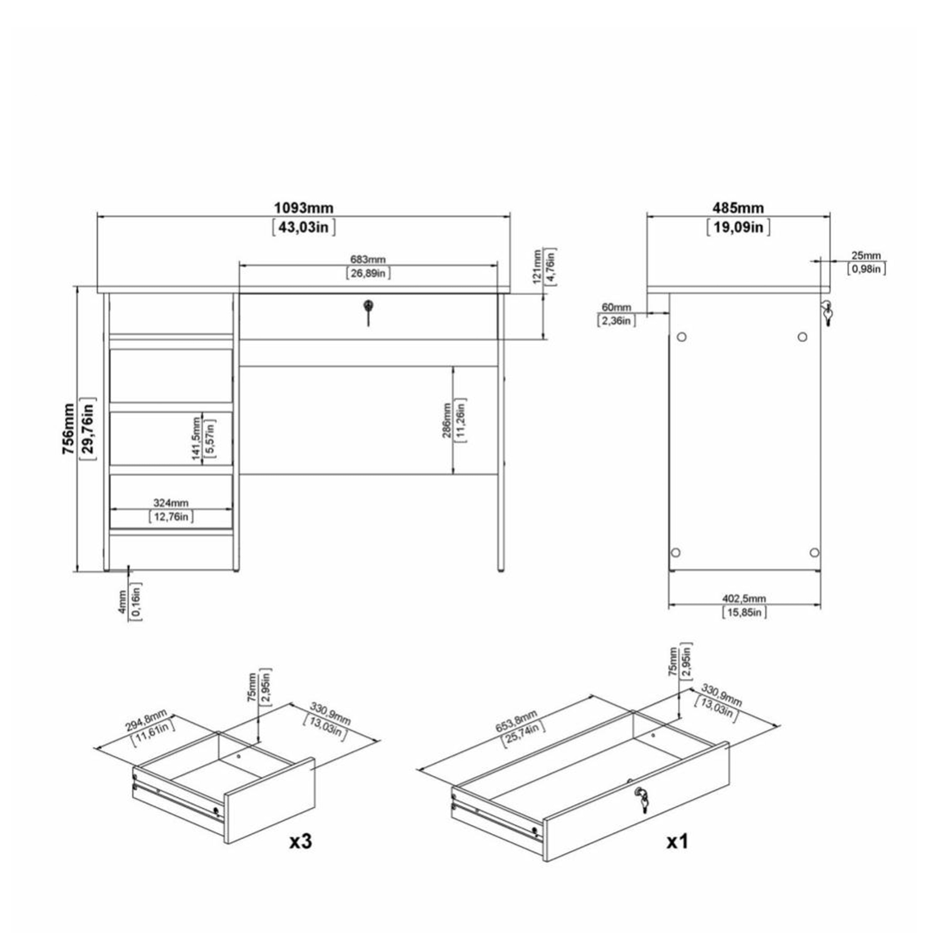 Function Plus 4 Drawer Desk Handleless Drawer in White – FTG, view 8