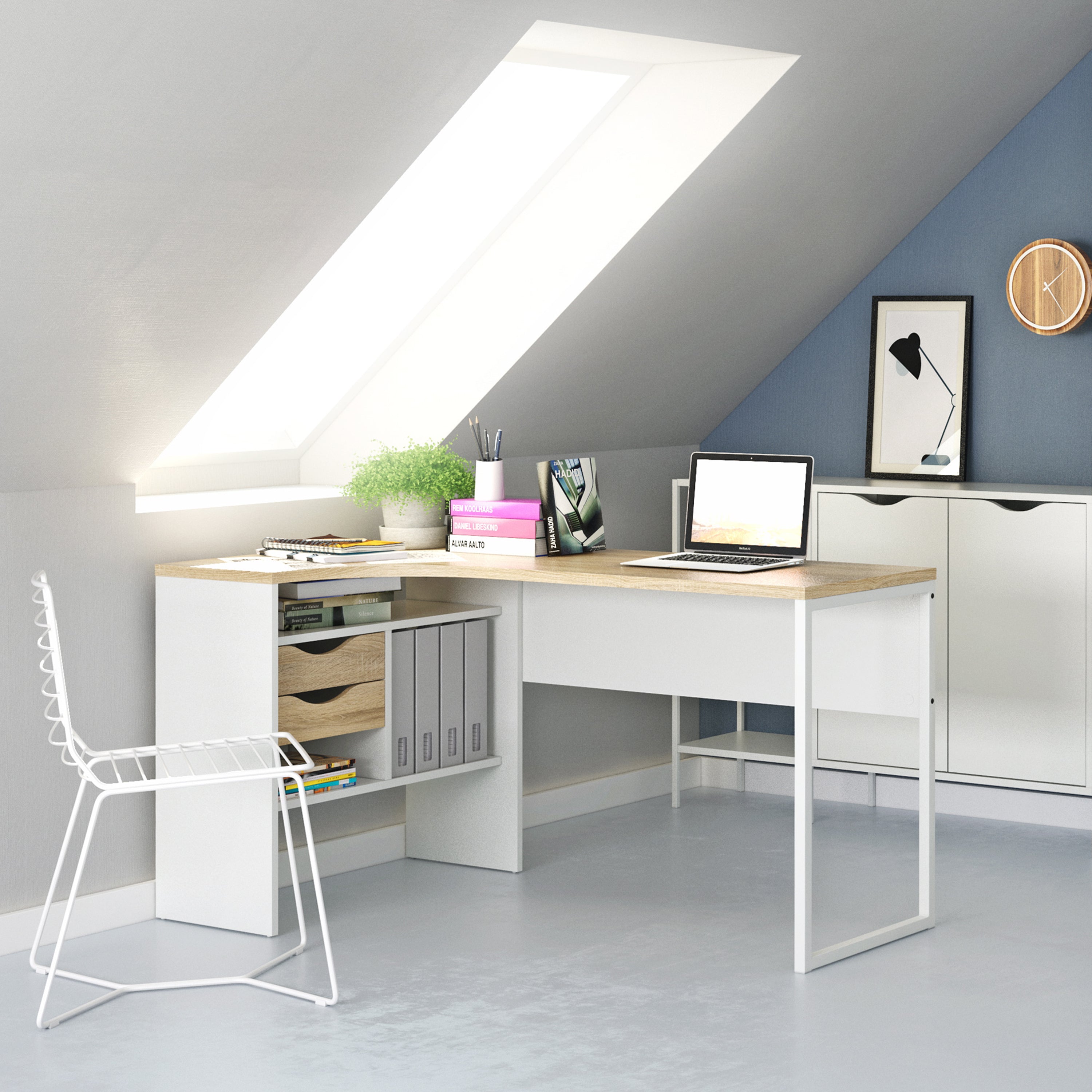 Function Plus Corner Desk 2 Drawers in White and Oak – FTG, view 5