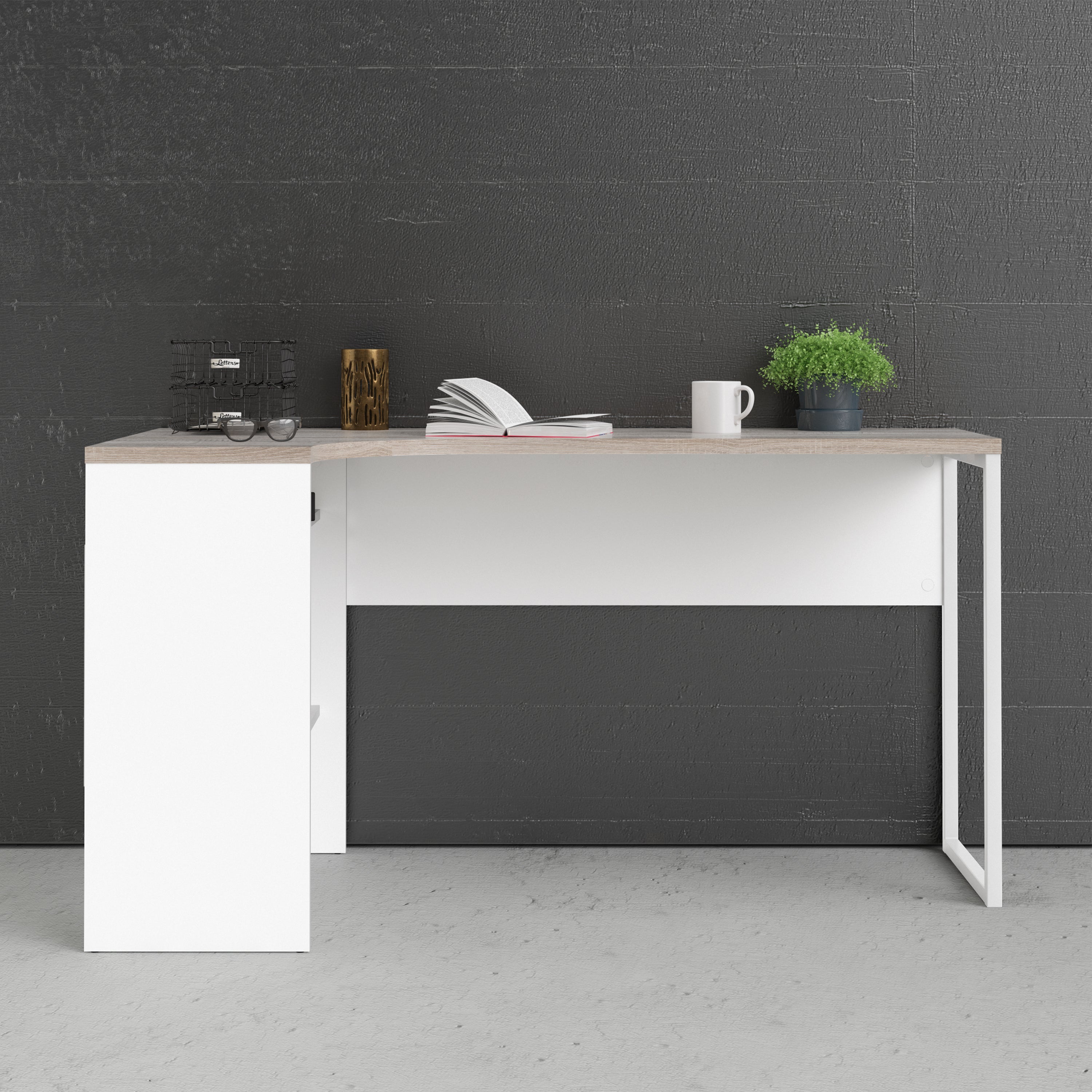Function Plus Corner Desk 2 Drawers in White and Truffle Oak – FTG, view 7