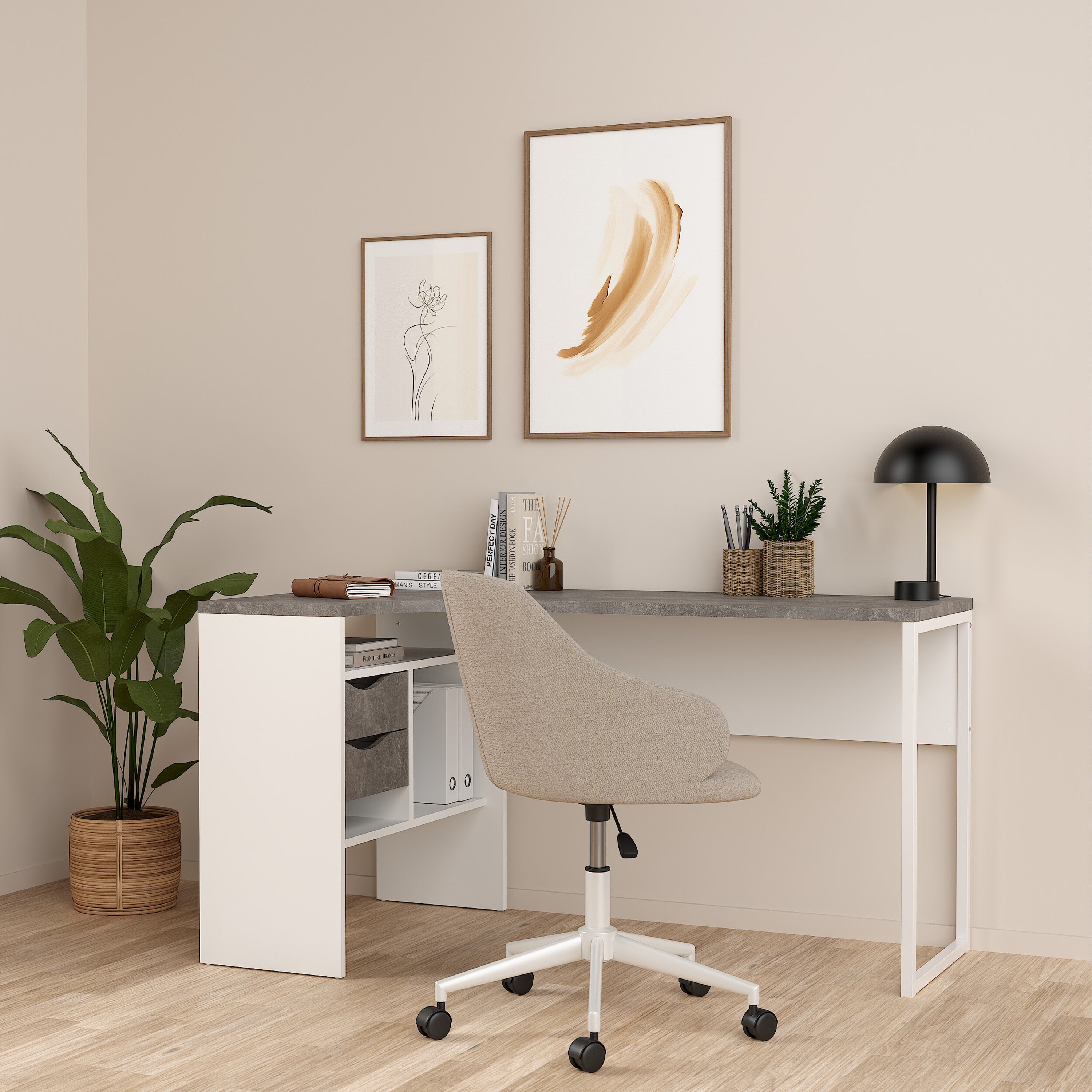 Function Plus Corner Desk 2 Drawers in White and Grey – FTG, view 6
