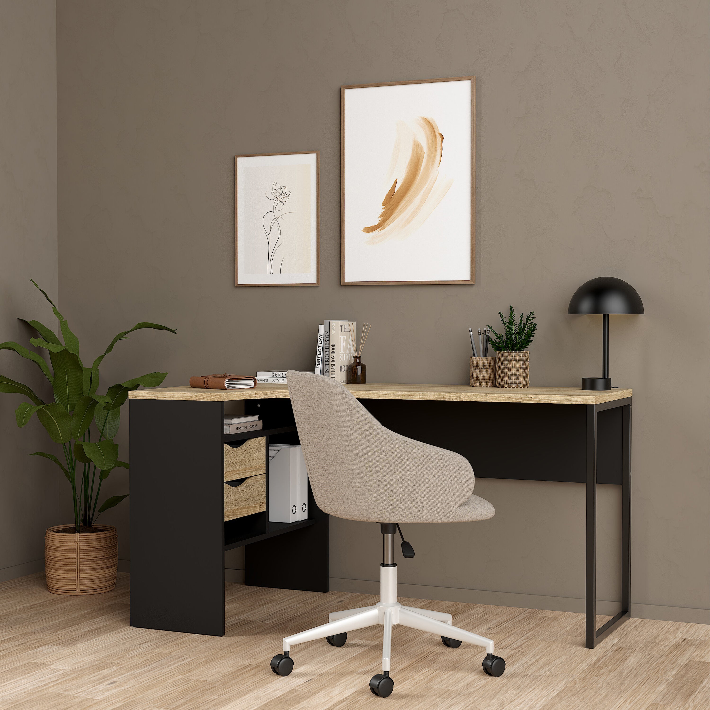 Function Plus Corner Desk 2 Drawers in Black Matt and Oak – FTG, view 5