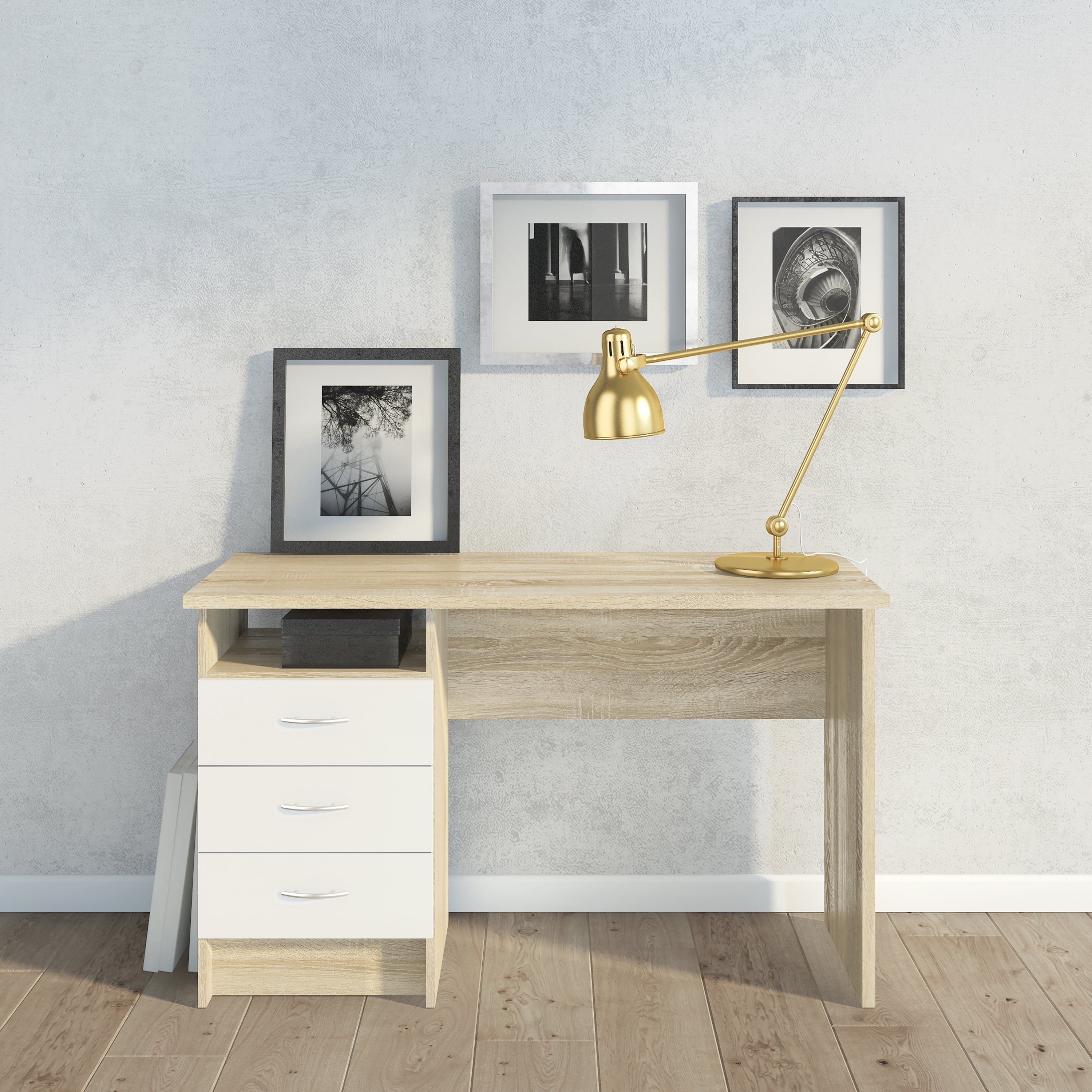 Function Plus Oak Desk 3 White Drawers – FTG, view 5