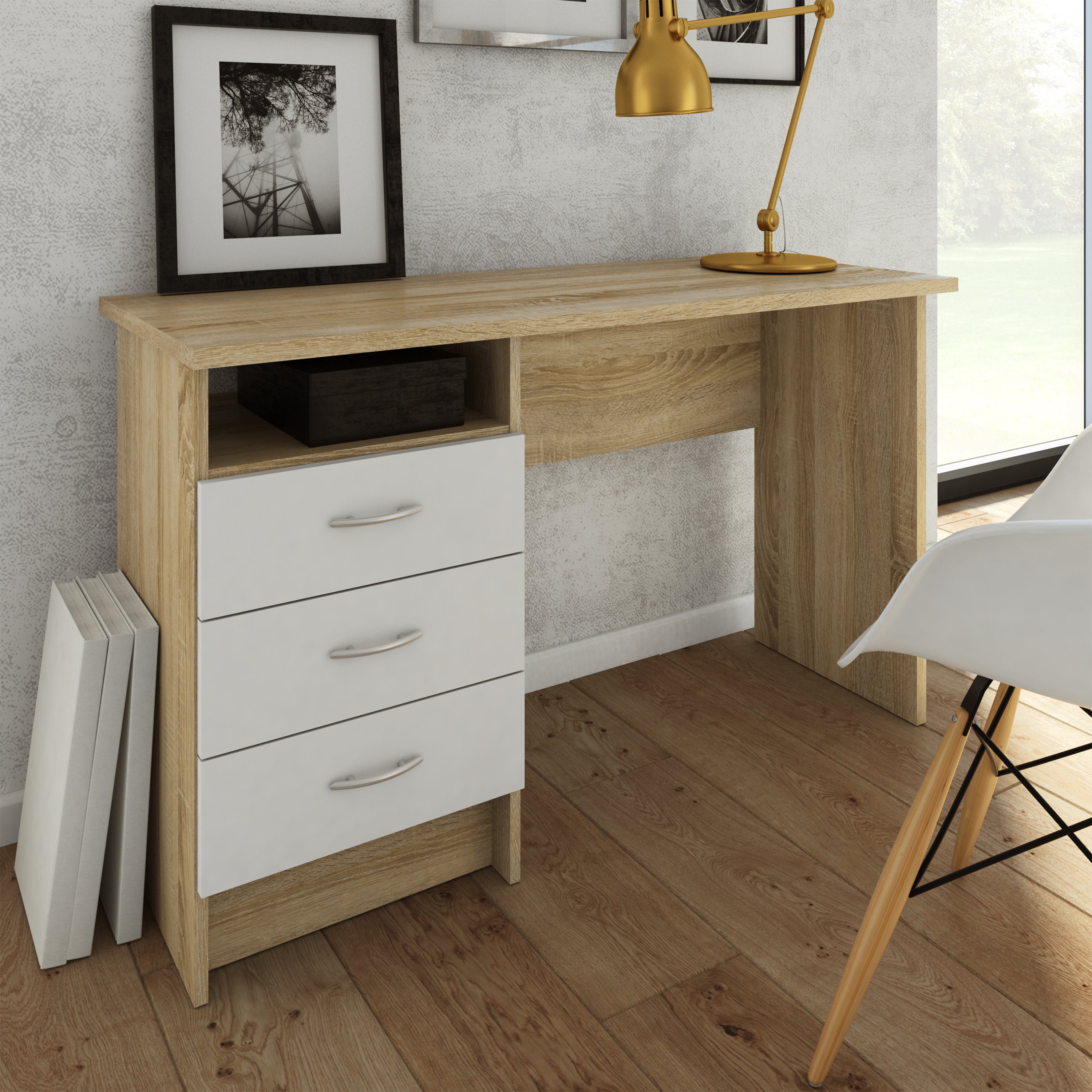 Function Plus Oak Desk 3 White Drawers – FTG, view 7