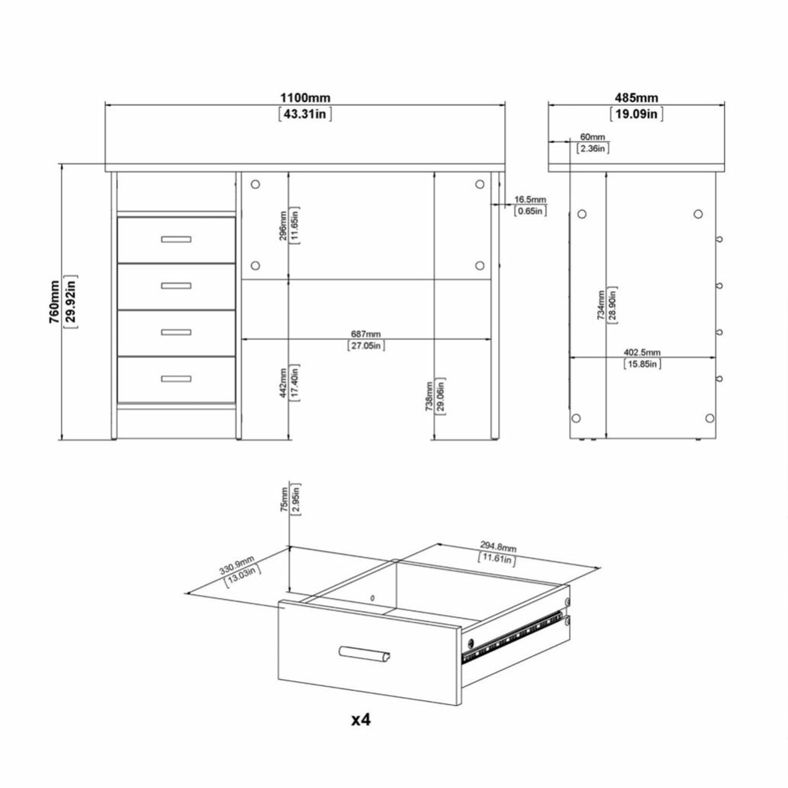 Function Plus 4 Drawer Desk in White – FTG, view 9