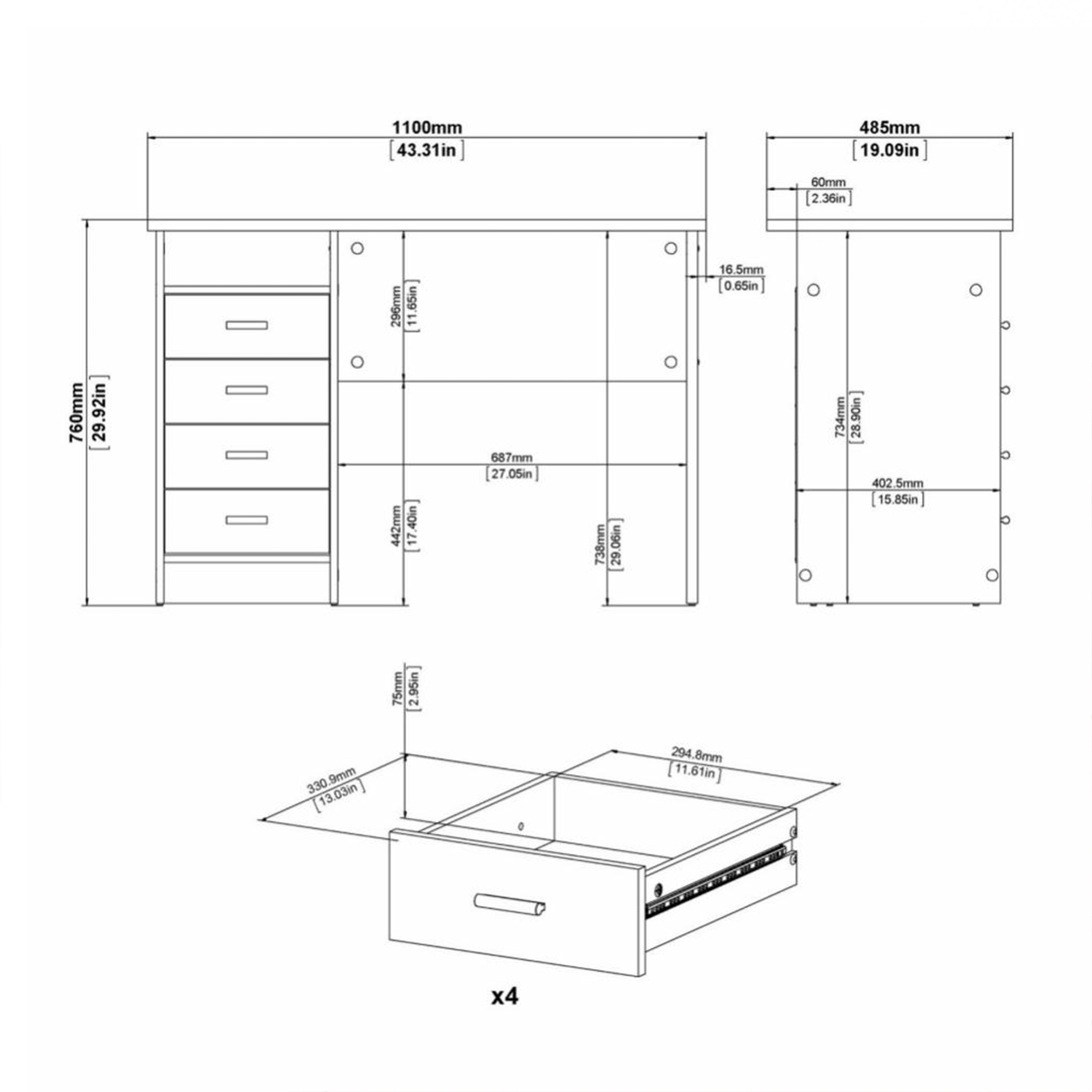 Function Plus 4 Drawer Desk in Oak – FTG, view 8