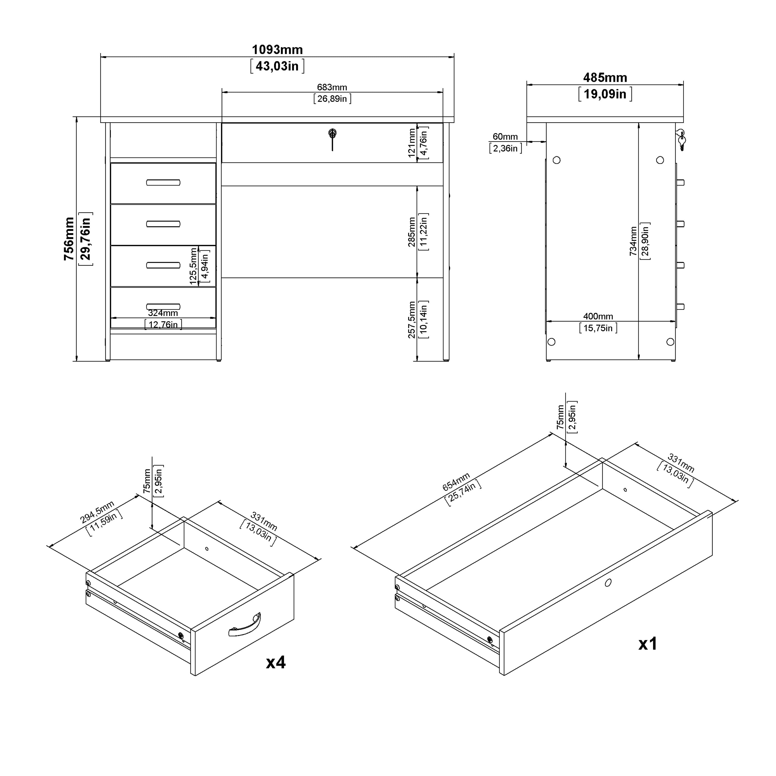 Function Plus Desk 5 Drawers in White – FTG, view 9