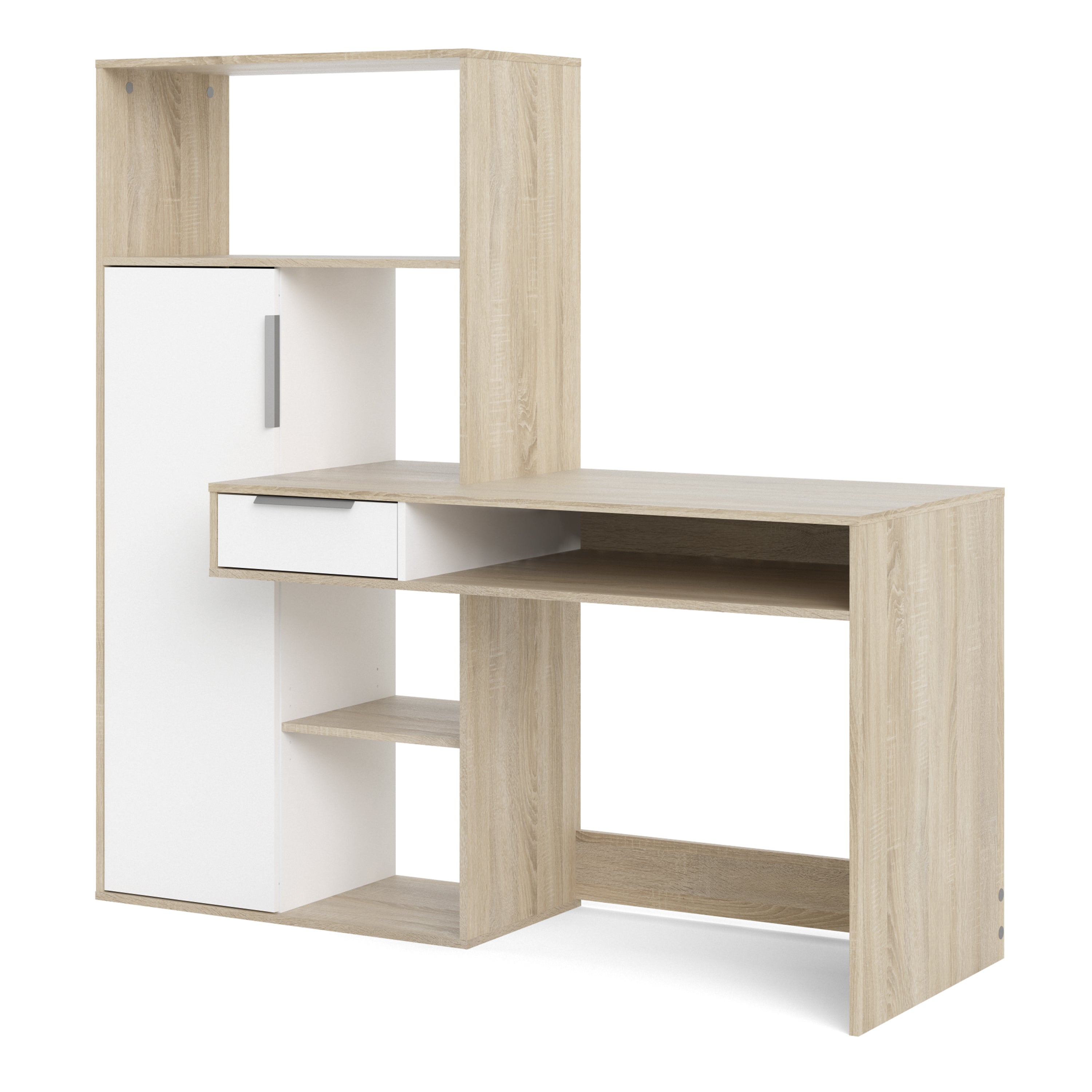 Function Plus Desk Multi Functional Desk with Drawer and 1 Door in White and Oak – FTG, view 3