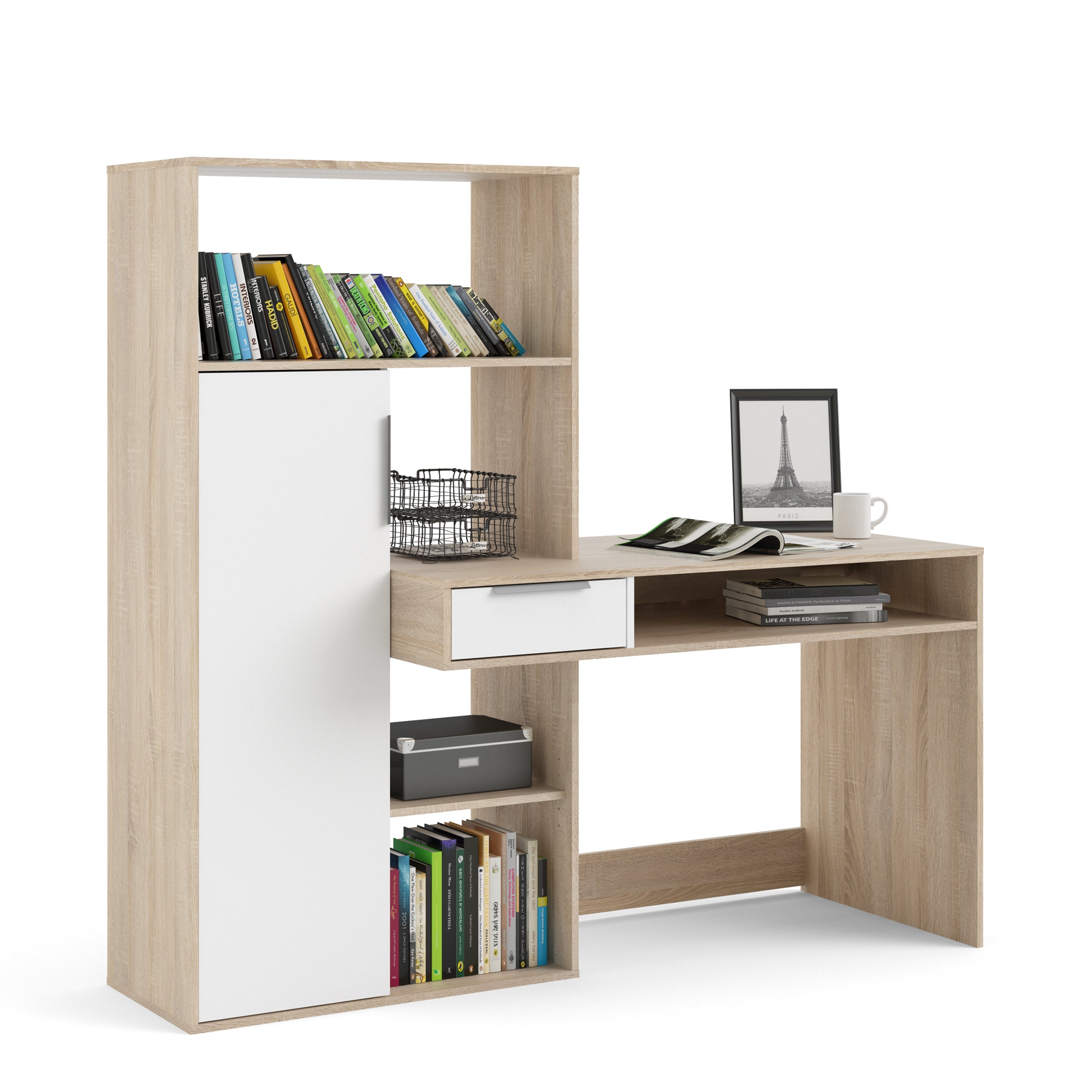 Function Plus Desk Multi Functional Desk with Drawer and 1 Door in White and Oak – FTG, view 6