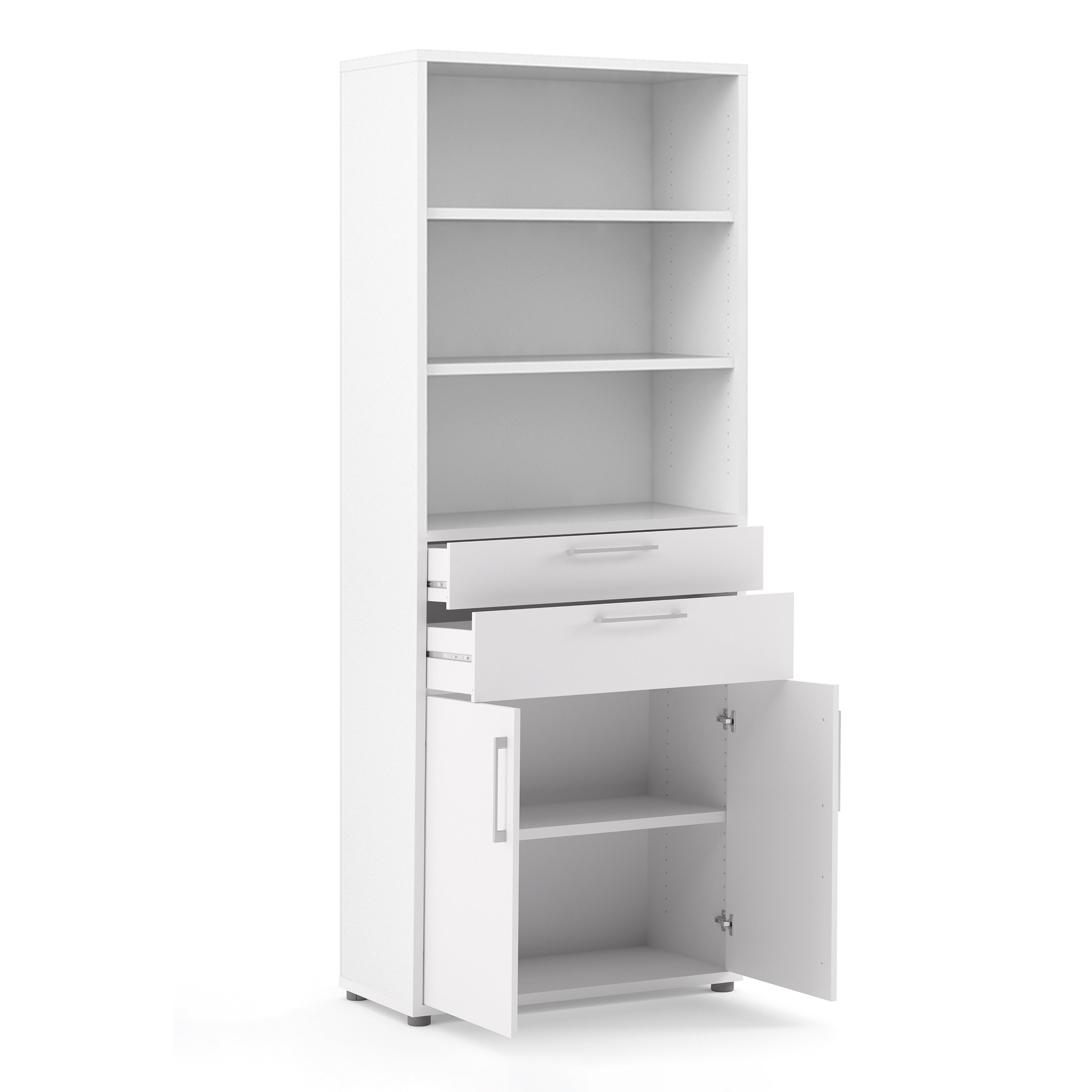 Prima Bookcase 3 Shelves with 2 Drawers 2 Doors In White – FTG, view 4