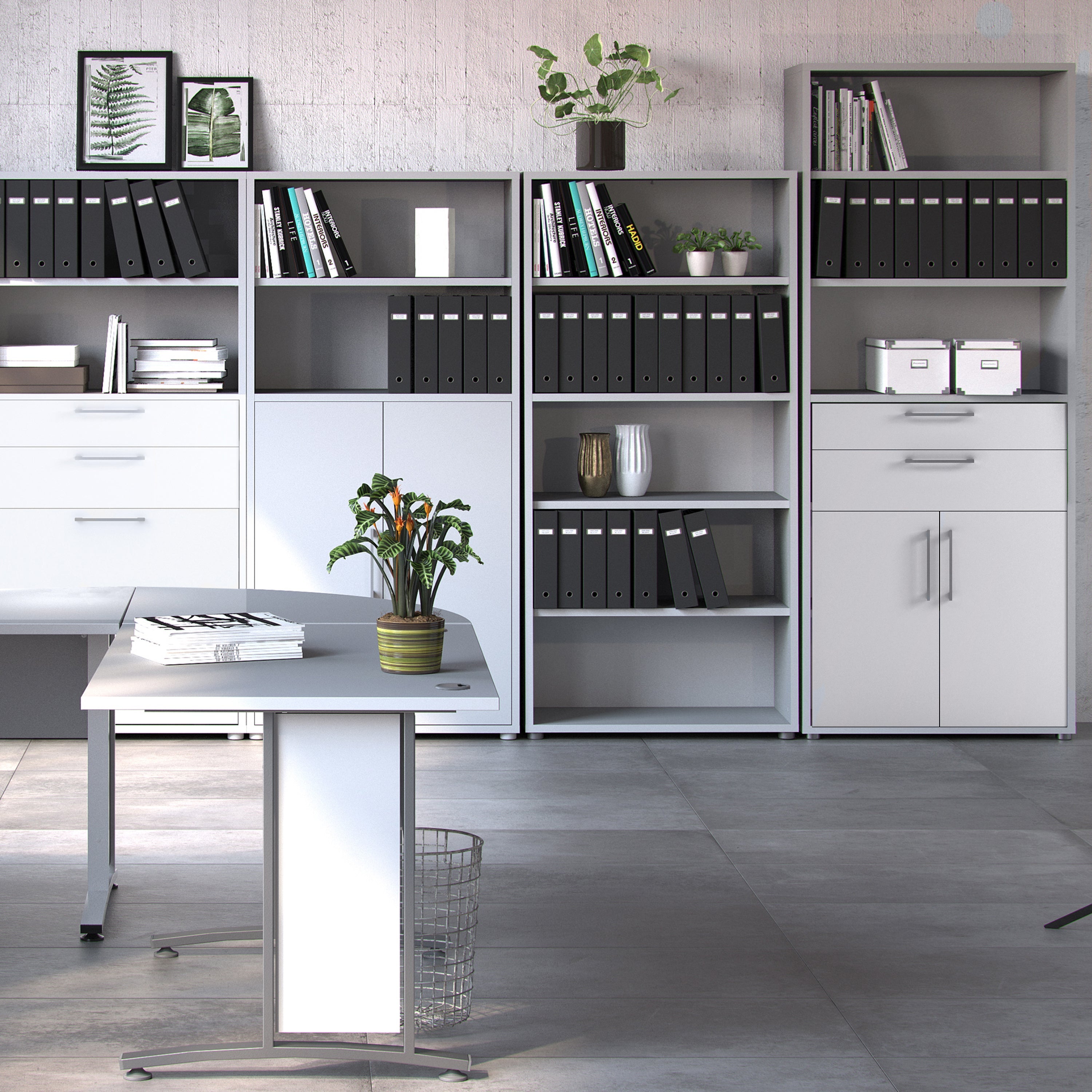 Prima Bookcase 3 Shelves with 2 Drawers 2 Doors In White – FTG, view 5