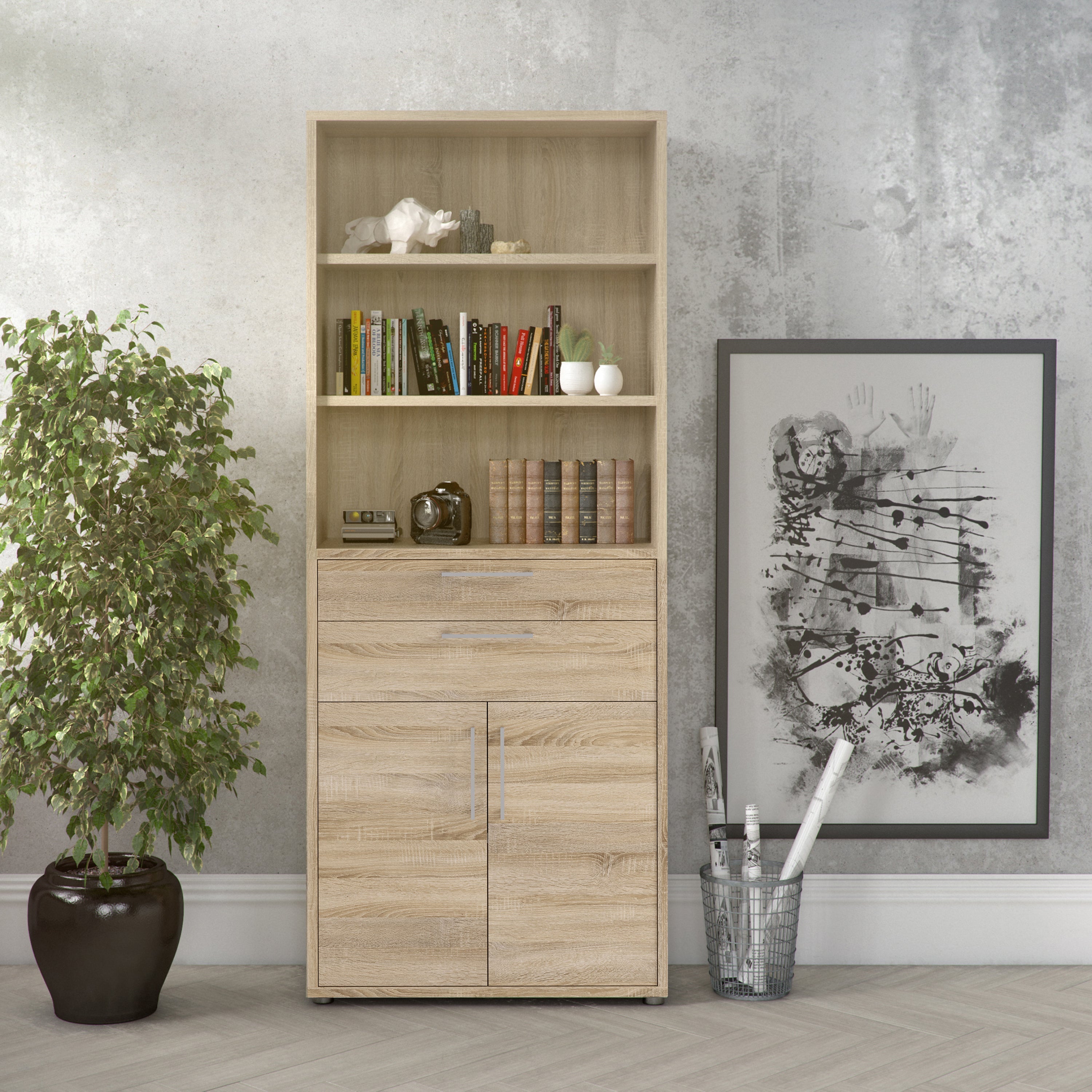Prima Bookcase 3 Shelves with 2 Drawers 2 Doors in Oak – FTG, view 6