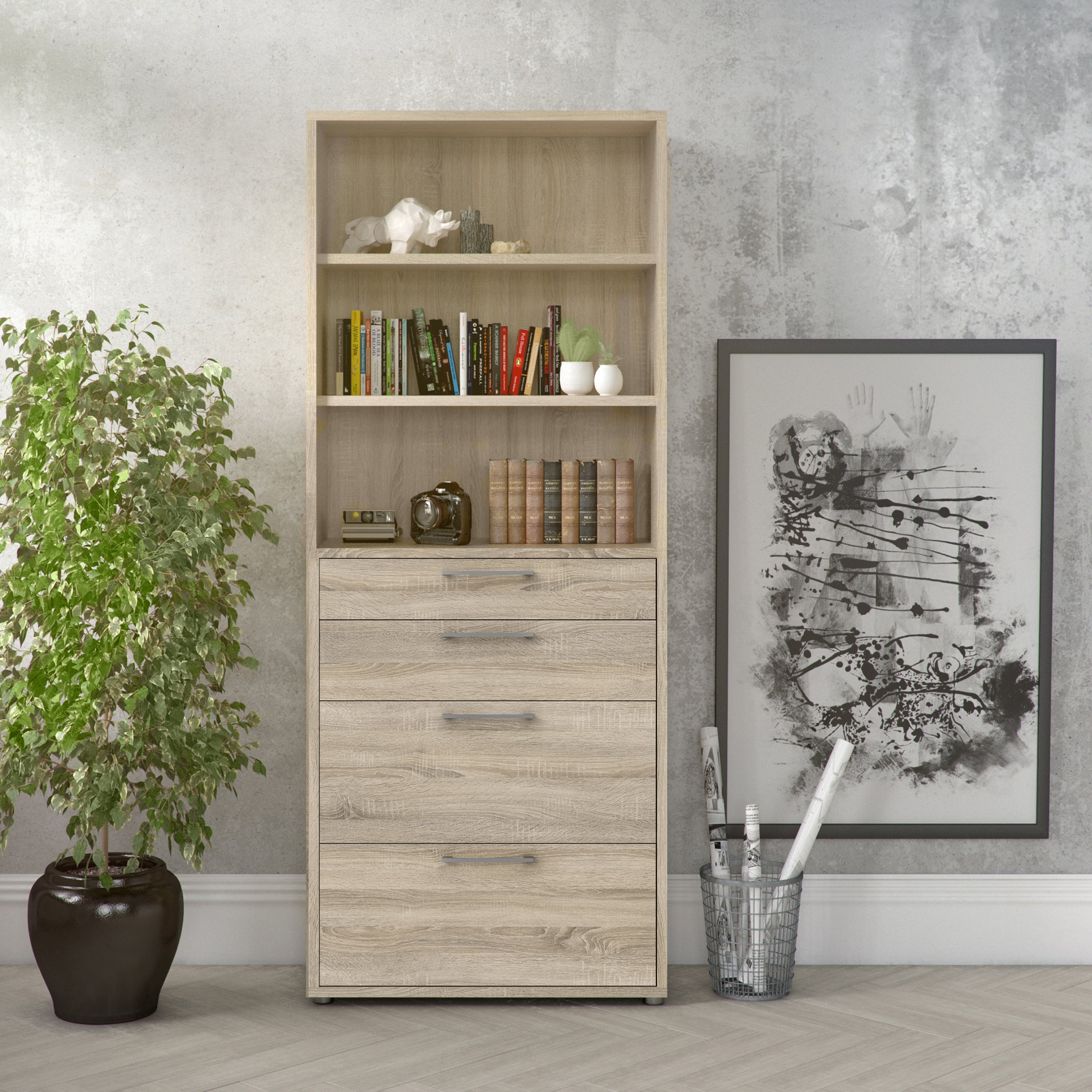 Prima Bookcase 2 Shelves With 2 Drawers 2 File Drawers In Oak – FTG, view 4