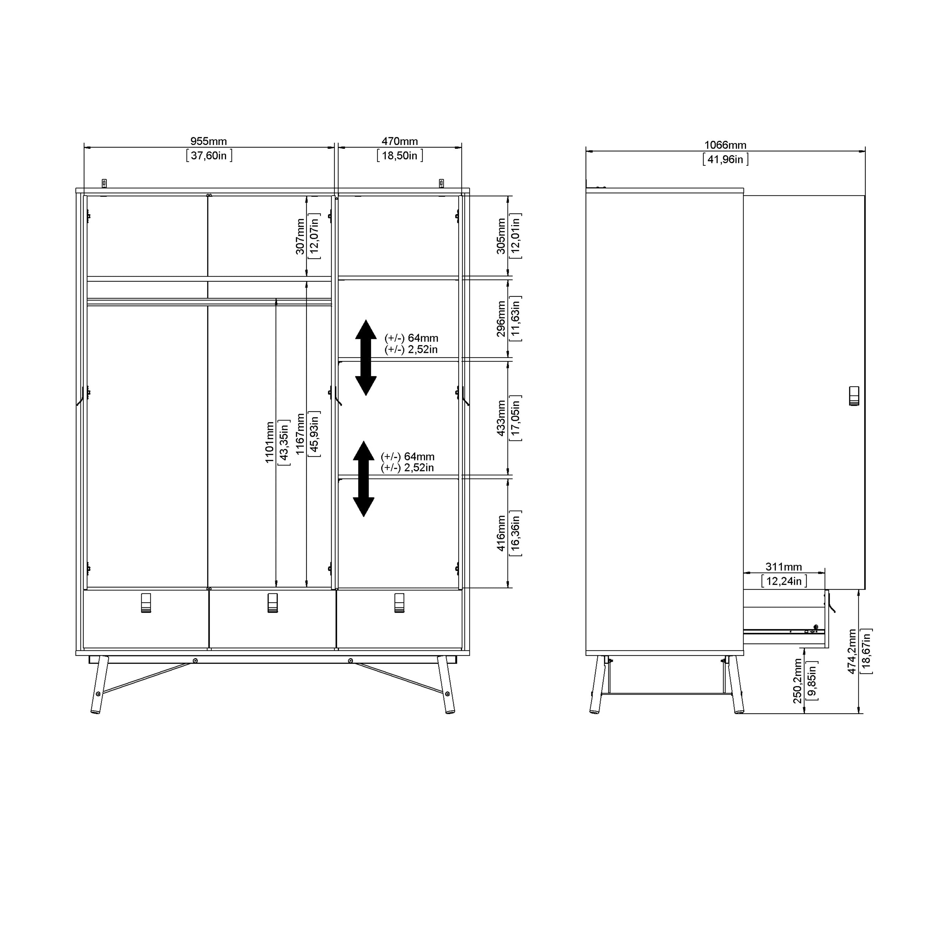 Ry Wardrobe 3 Doors 3 Drawers in Matt Black Walnut – FTG, view 12