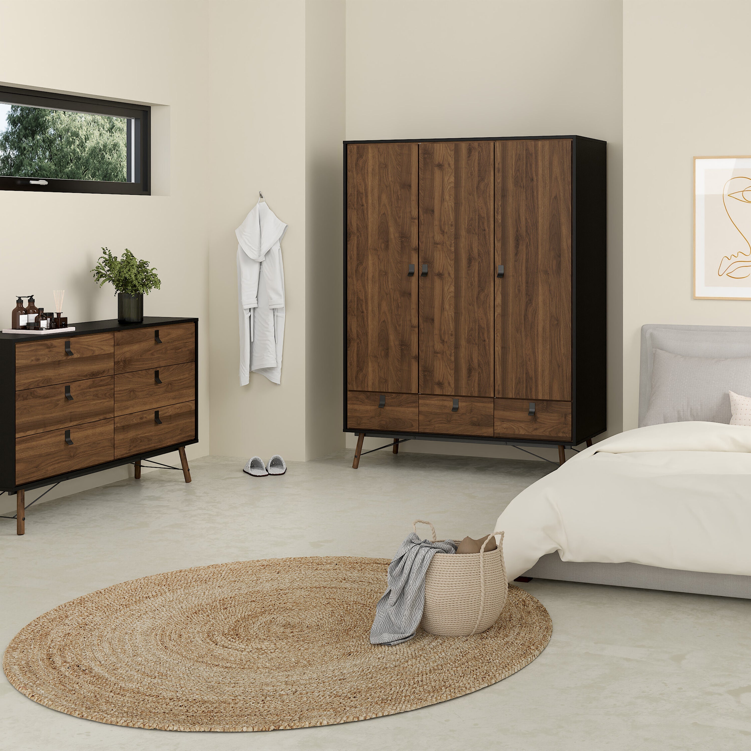Ry Wardrobe 3 Doors 3 Drawers in Matt Black Walnut – FTG, view 6