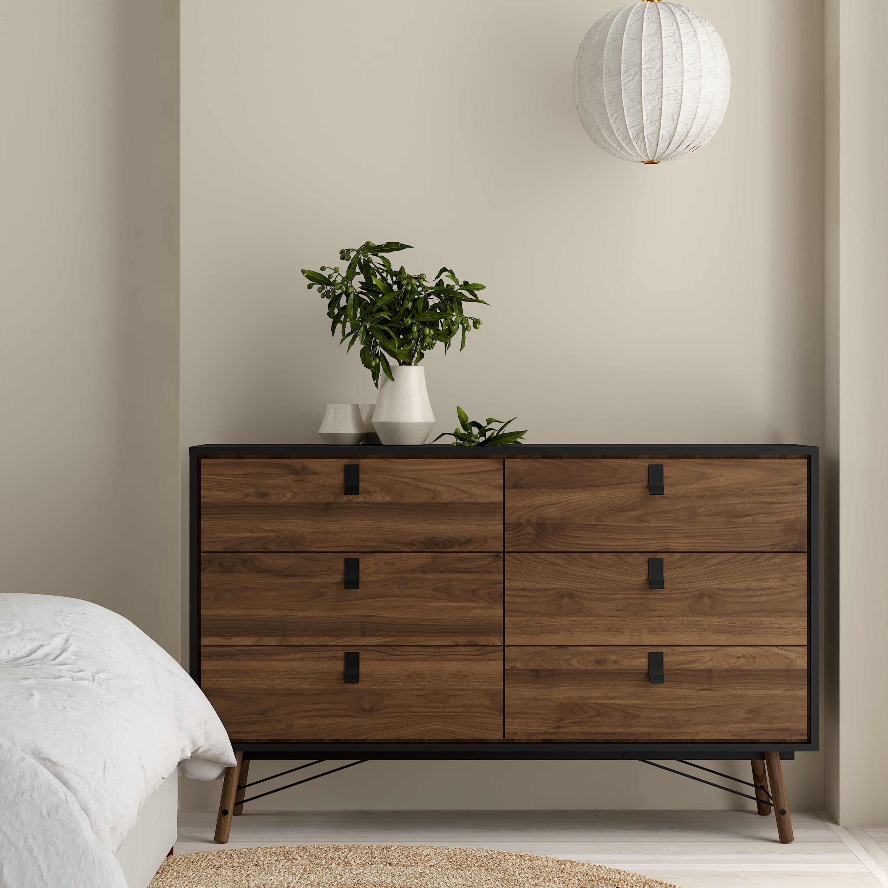Ry Wide Double Chest of Drawers 6 Drawers in Matt Black Walnut – FTG, view 7