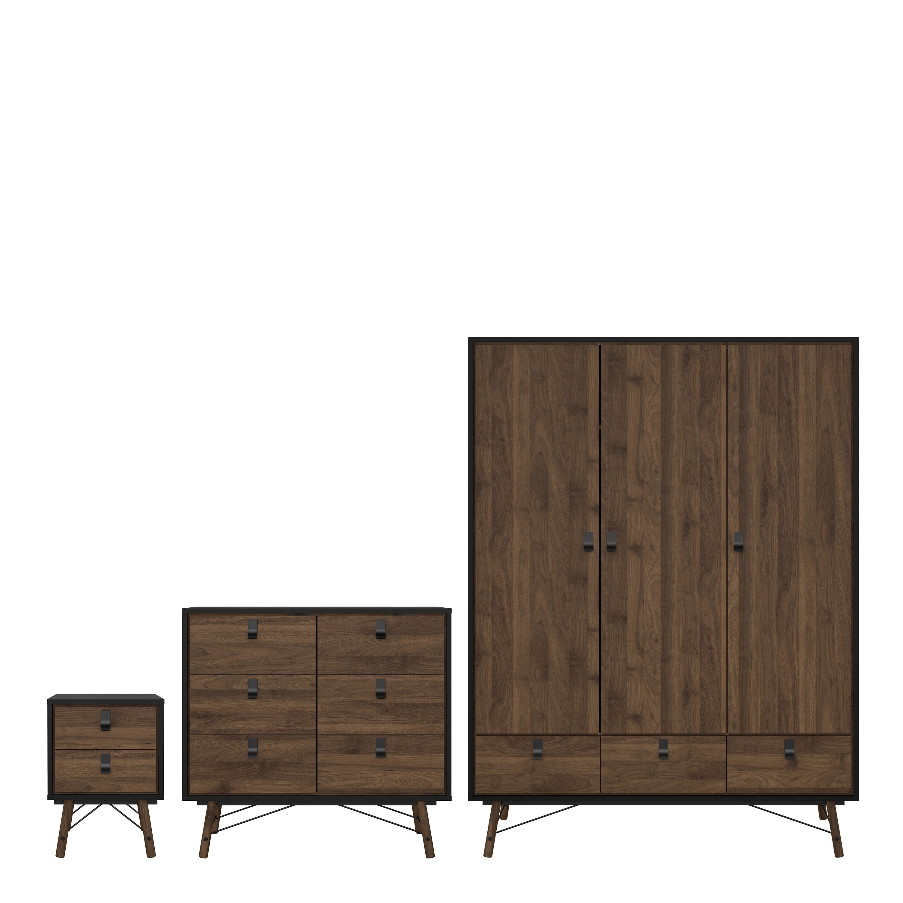 Ry Package - Wardrobe 3 Doors + 3 Drawers + Double chest 6 Drawers + Bedside Cabinet 2 Drawers in Matt Black Walnut – FTG