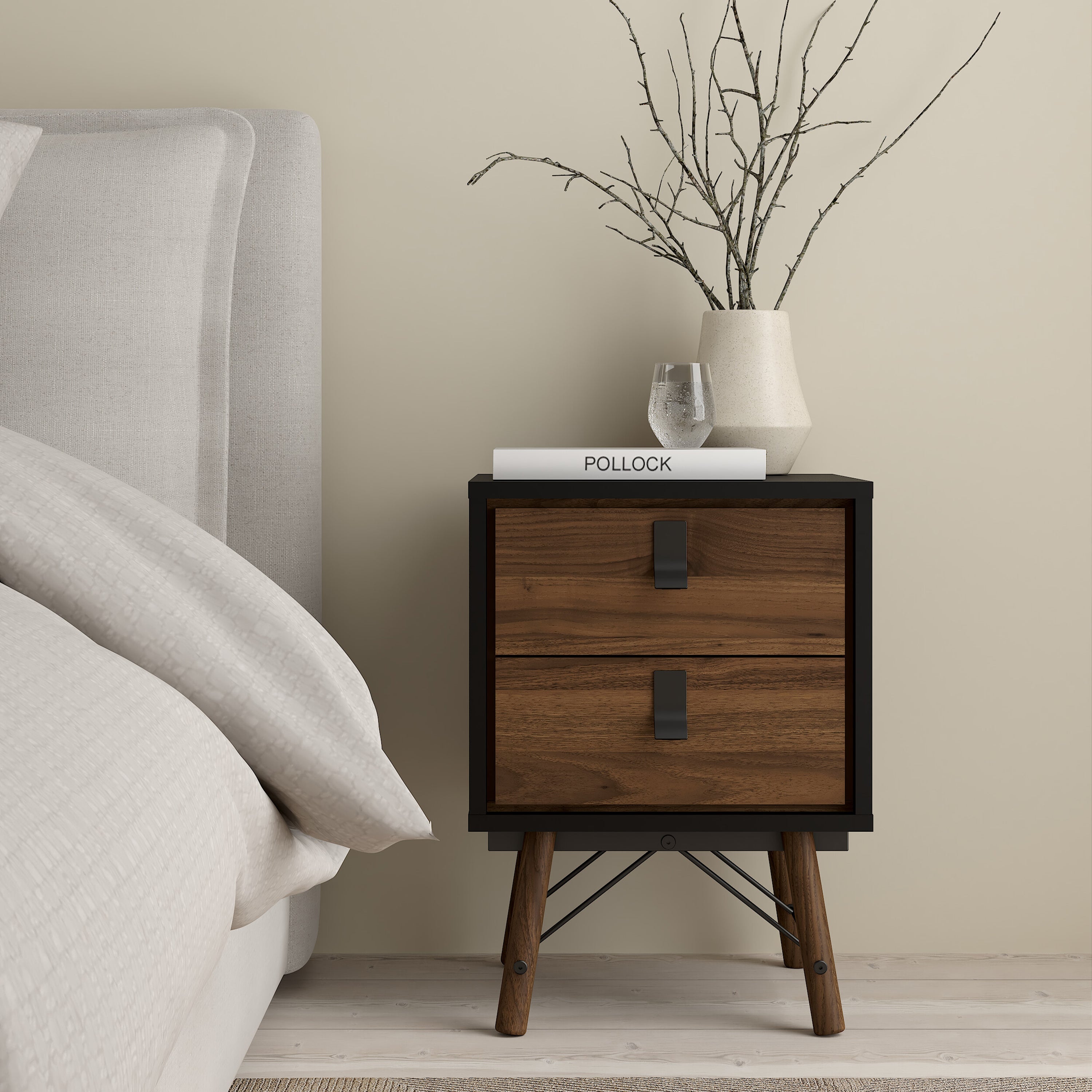 Ry Package - Wardrobe 3 Doors + 3 Drawers + Double chest 6 Drawers + Bedside Cabinet 2 Drawers in Matt Black Walnut – FTG…