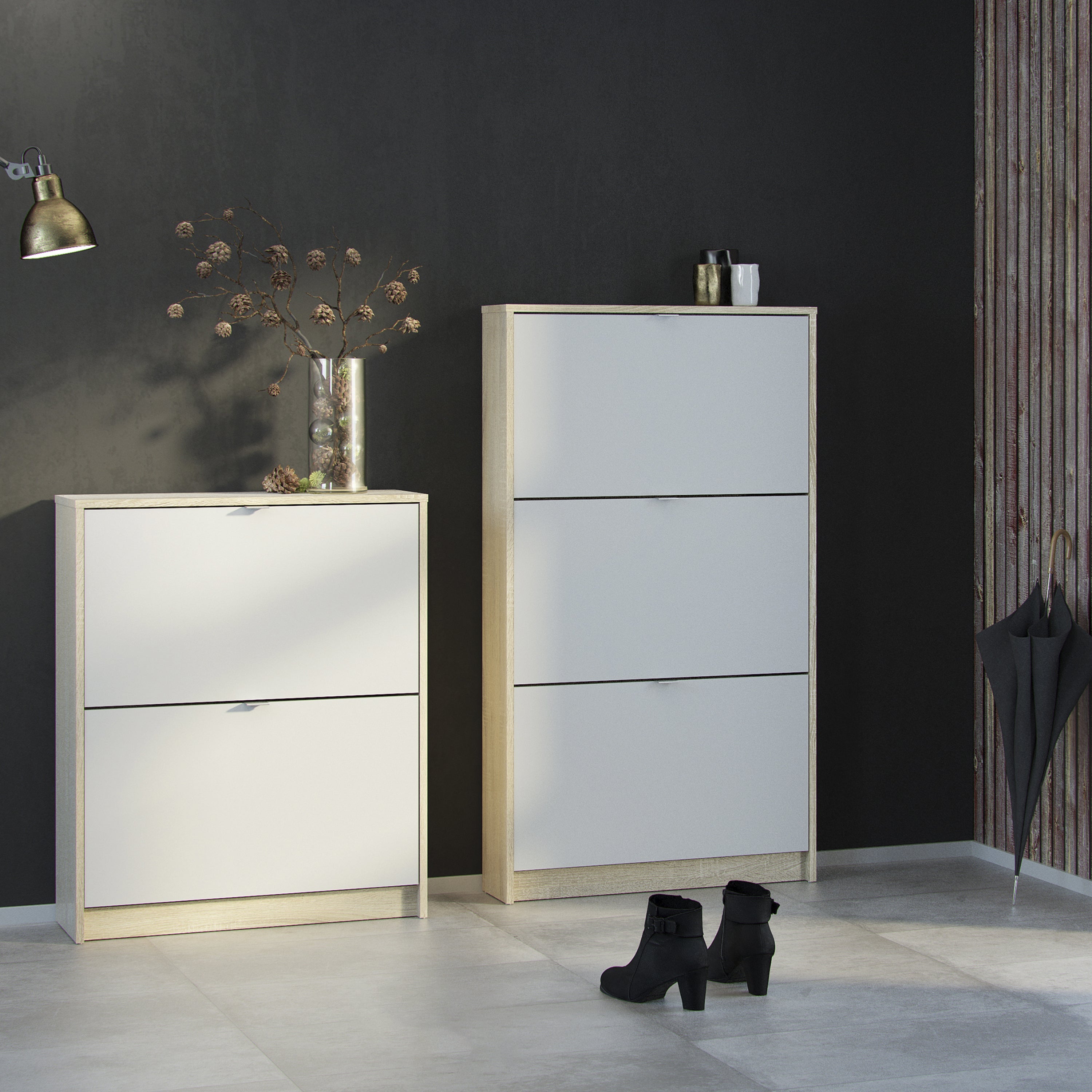 Shoes Shoe Cabinet 3 Flip Down Doors and 2 layers Oak structure White – FTG, view 6