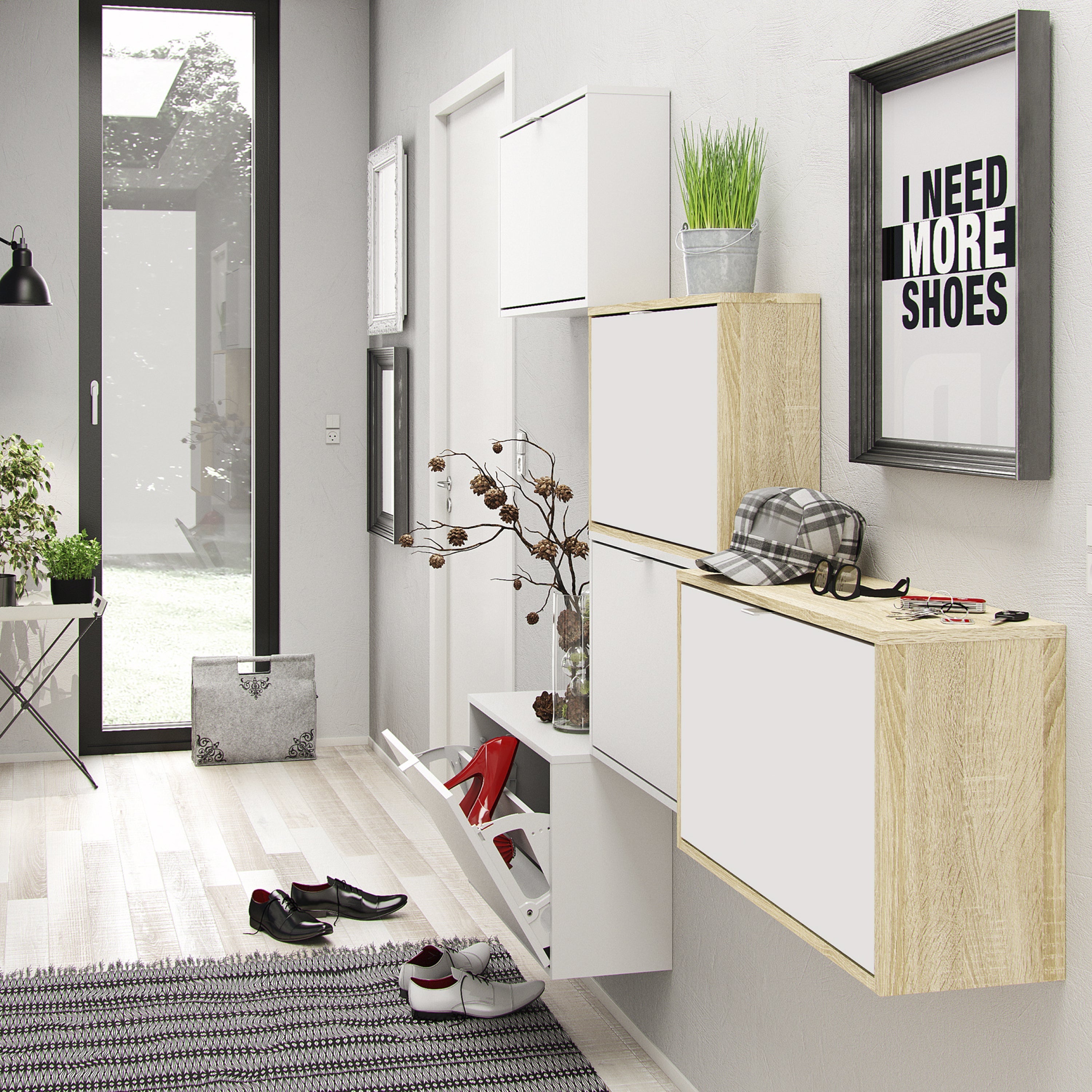 Shoes Shoe Cabinet 3 Flip Down Doors and 2 layers Oak structure White – FTG, view 7