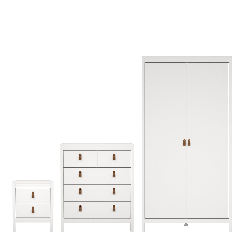 Barcelona Package – Bedside Table 2 Drawers + Chest 5 Drawers + Wardrobe with 2 Doors in White