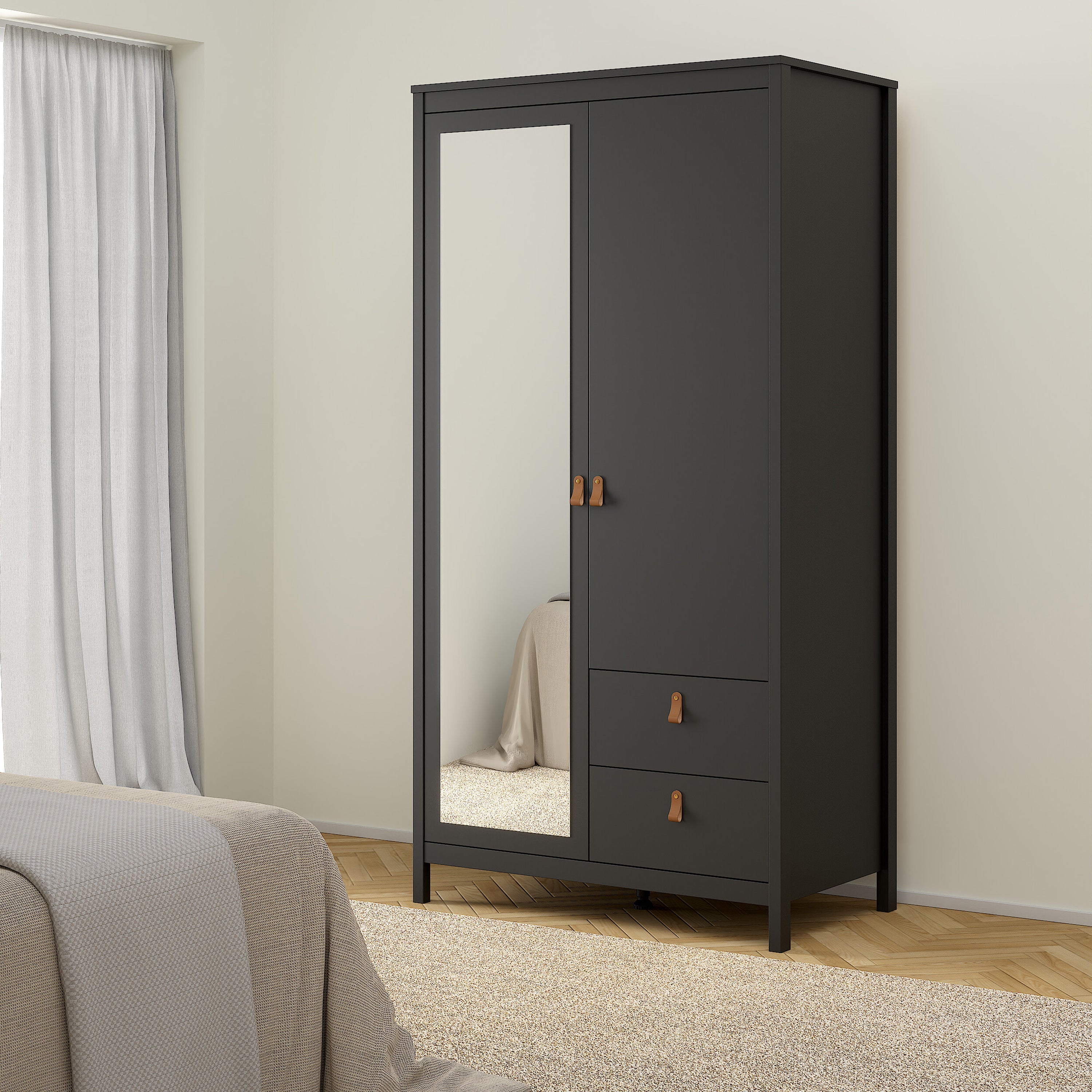 Barcelona Wardrobe with 1 Door 1 Mirror Door 2 Drawers in Matt Black – FTG, view 6
