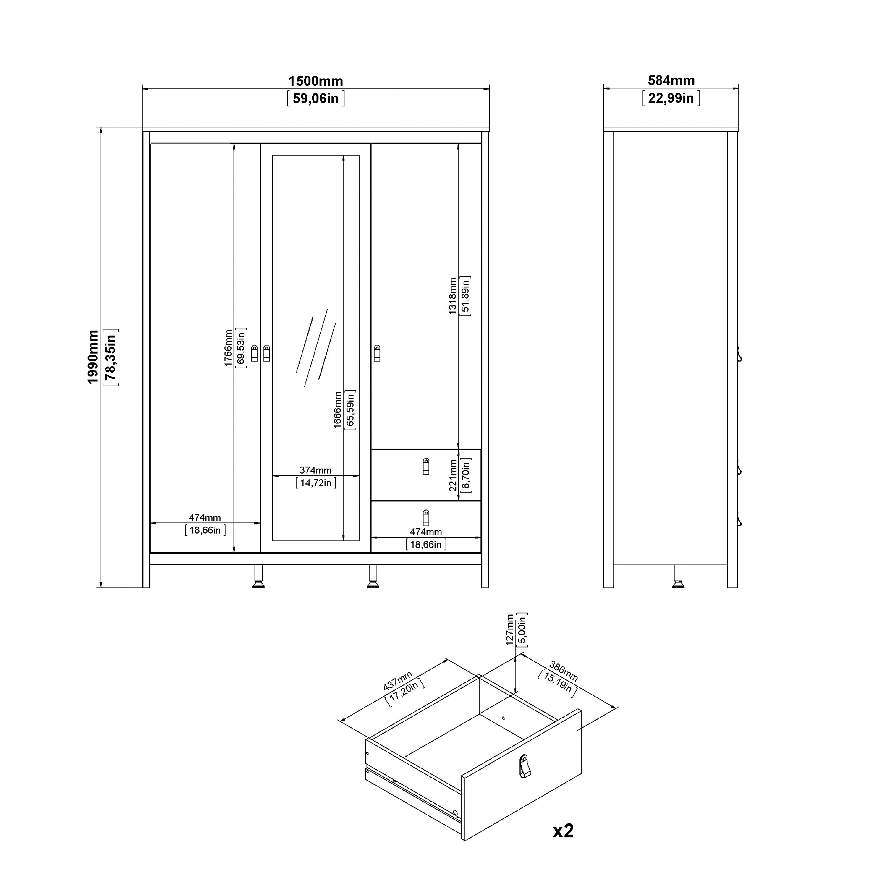 Barcelona Wardrobe with 2 Doors + 1 Mirror Door + 2 Drawers in Cashmere – FTG, view 12