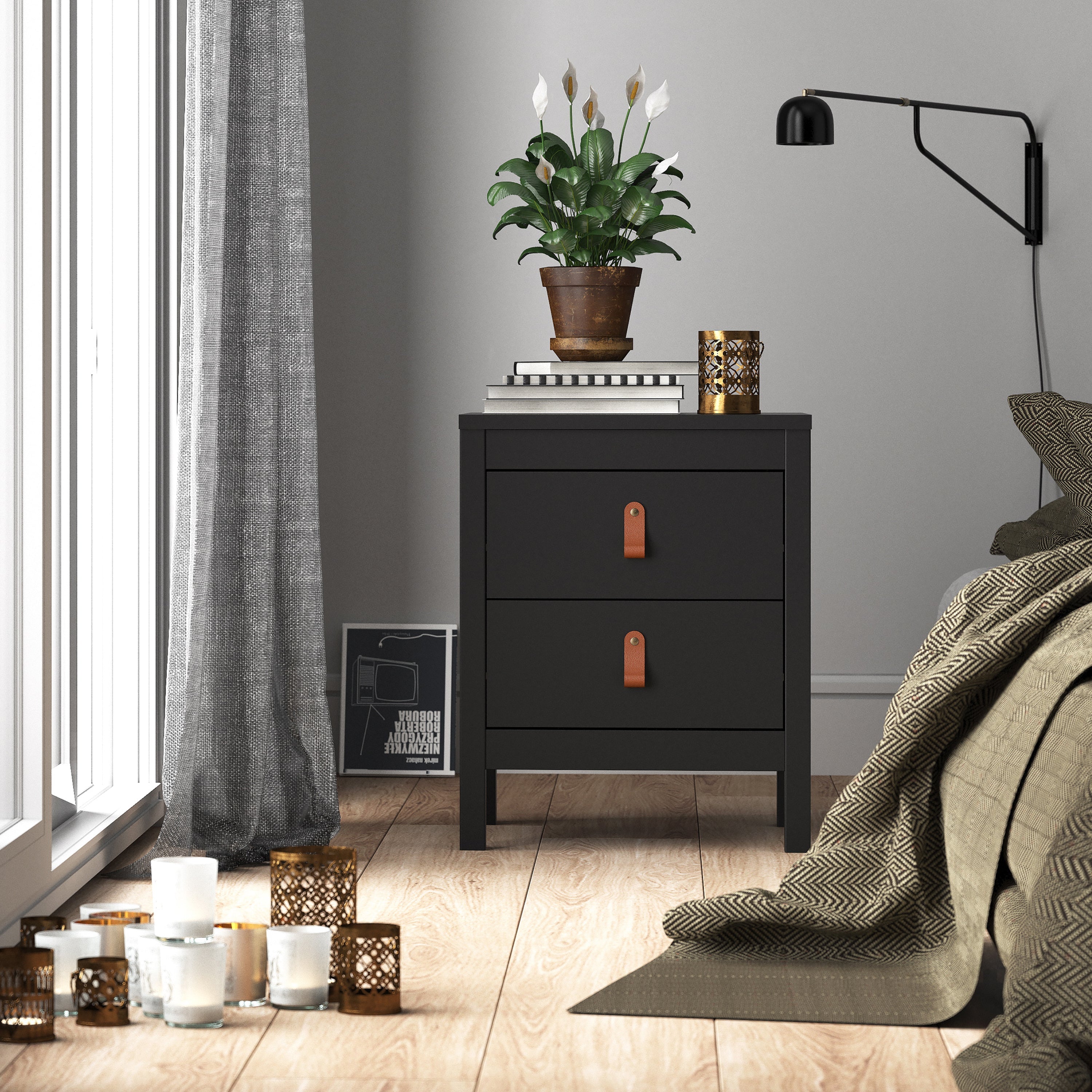 Barcelona Bedside Table 2 Drawers in Matt Black – FTG, view 6