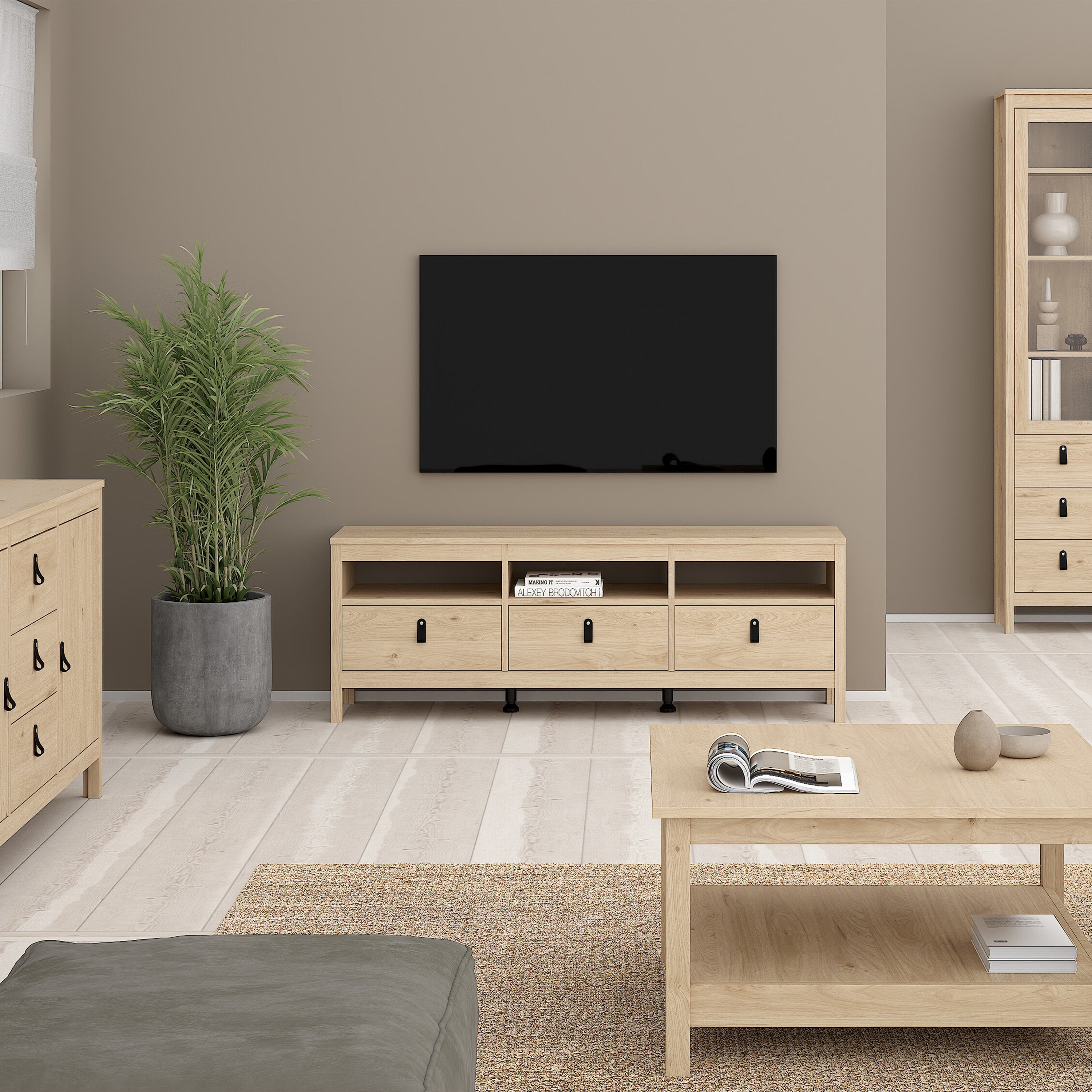Barcelona TV-Unit 3 Drawers in Jackson Hickory Oak – FTG, view 6