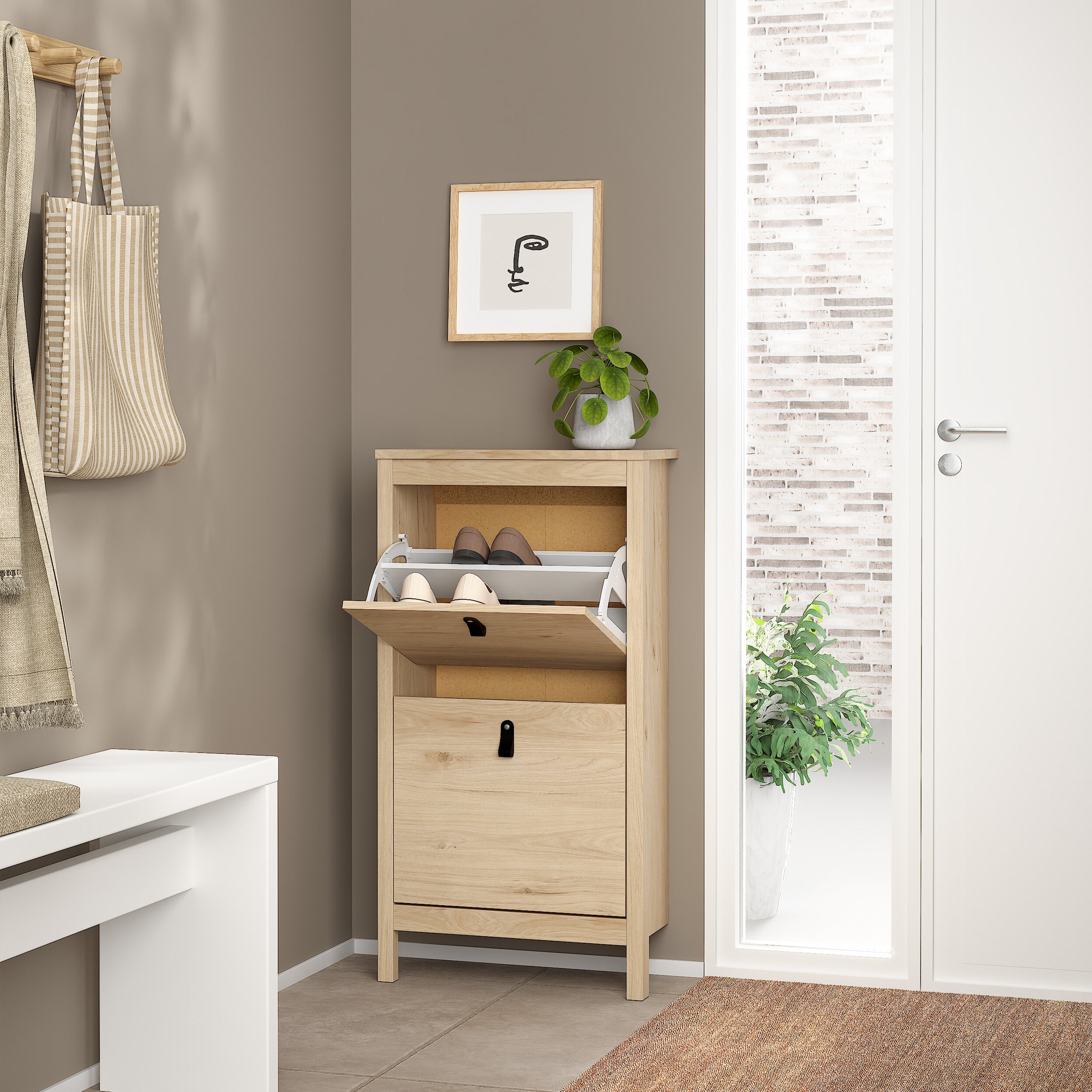 Barcelona Shoe Cabinet 2 Flap Doors in Jackson Hickory Oak – FTG, view 7