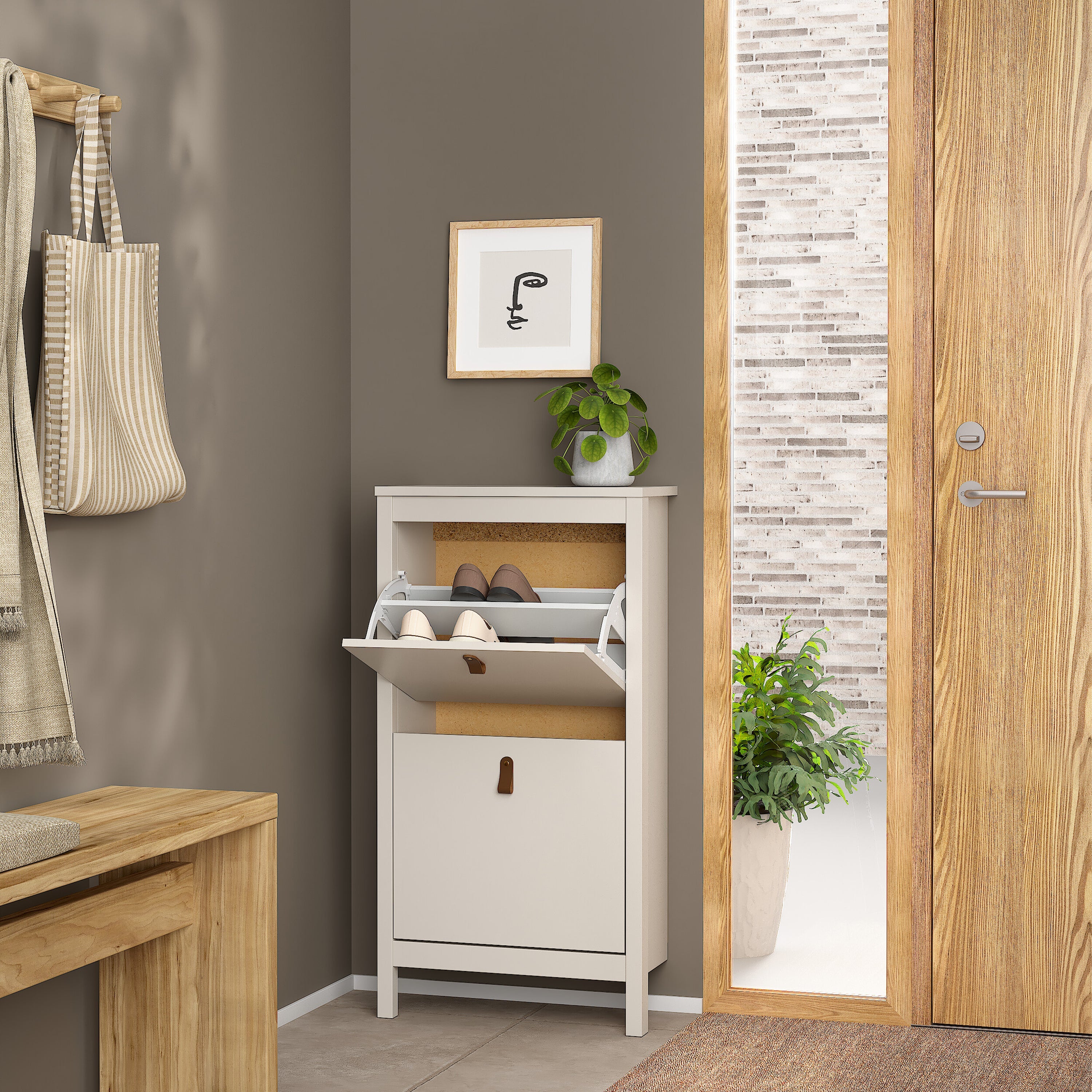 Barcelona Shoe Cabinet 2 Flip Down Doors in Cashmere – FTG, view 2