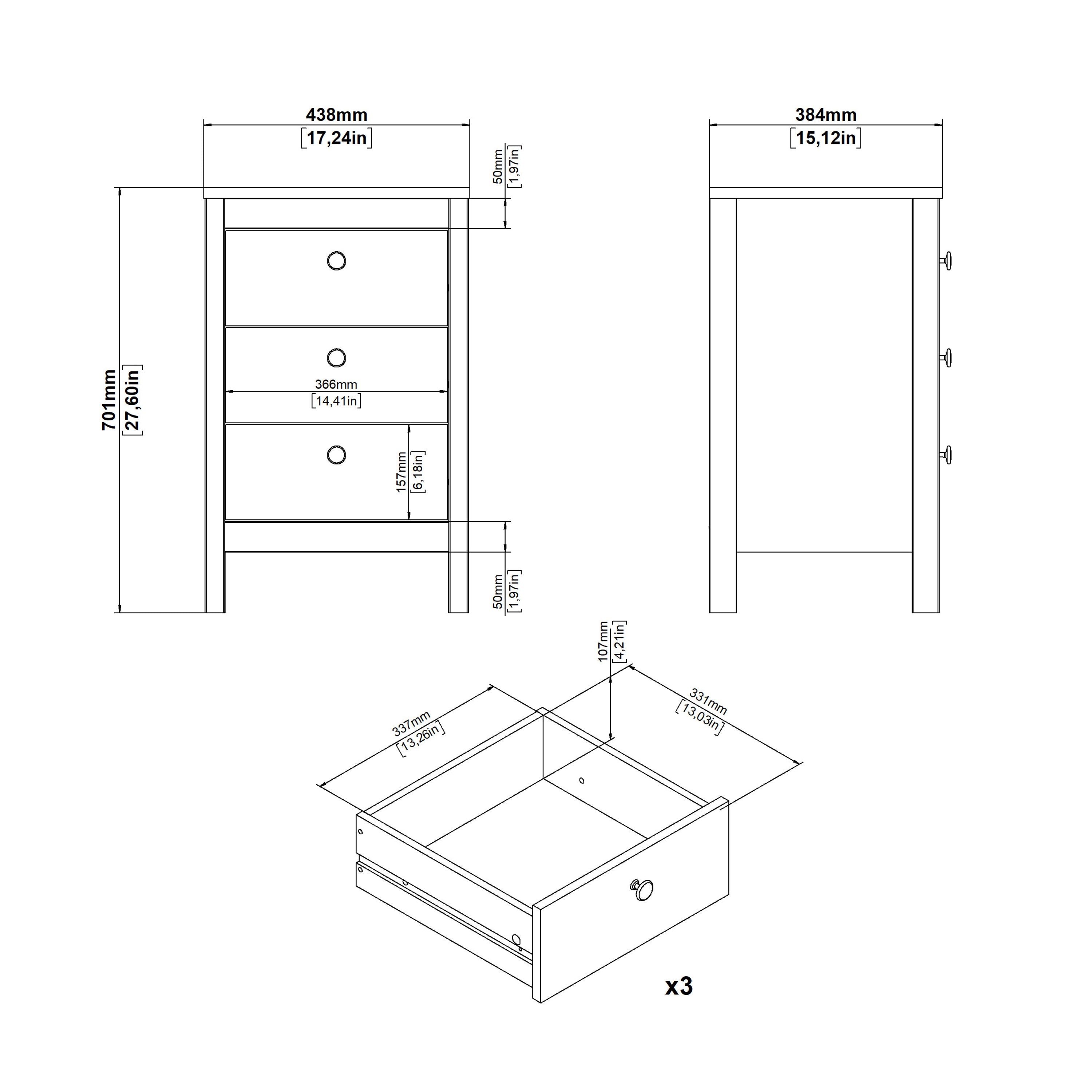 Barcelona Bedside Table 3 Drawers in White – FTG, view 10