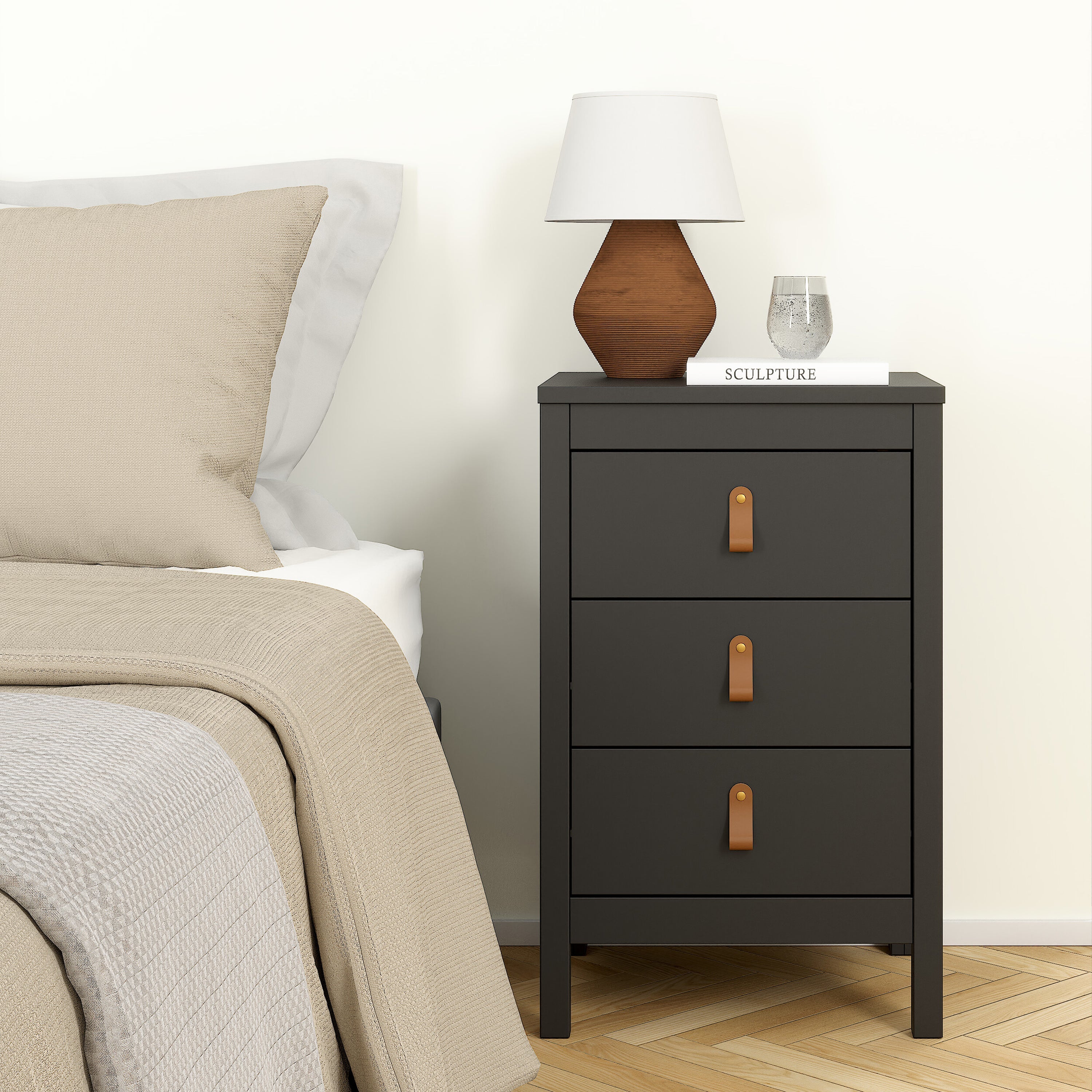 Barcelona Bedside Table 3 Drawers in Matt Black – FTG, view 7