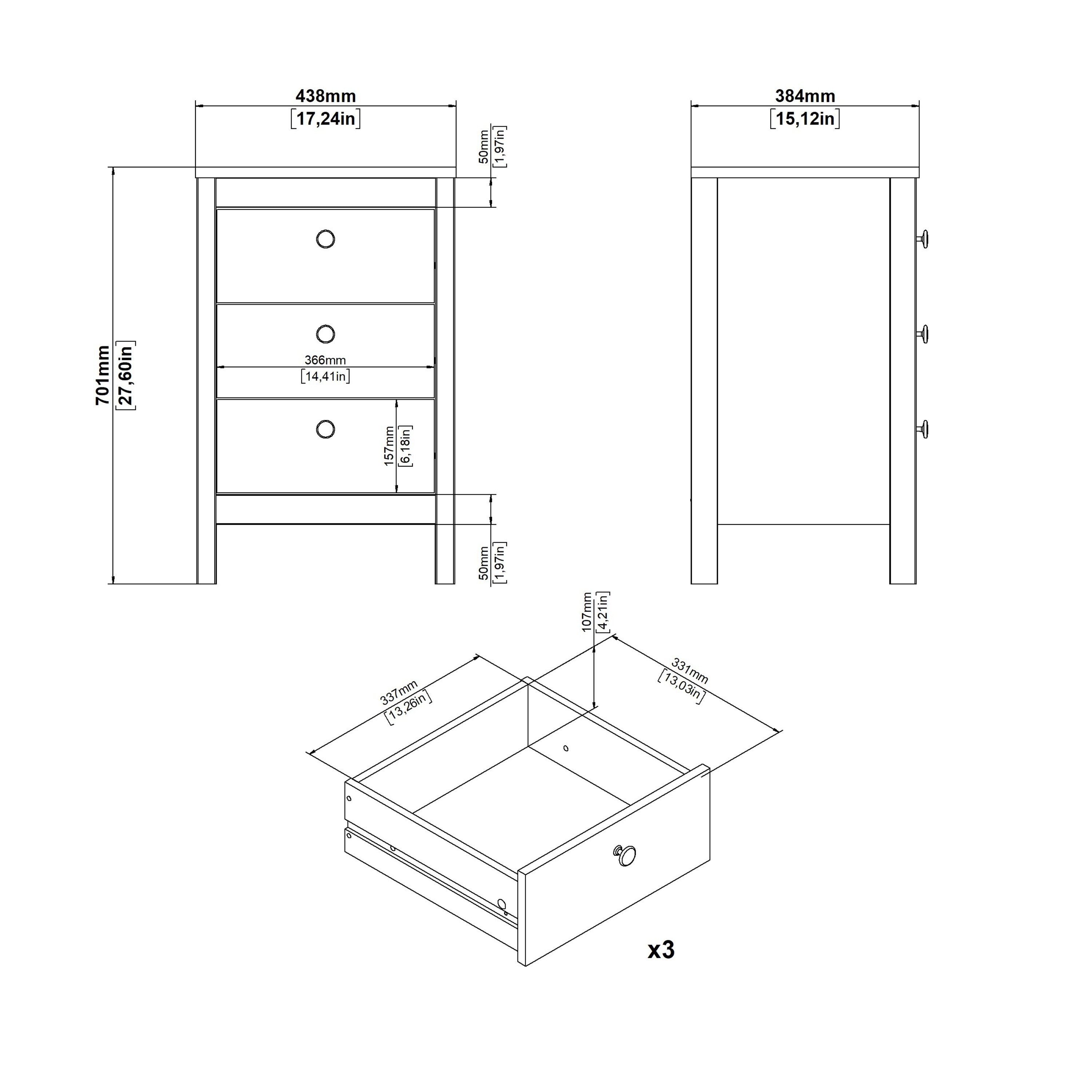 Barcelona Bedside Table 3 Drawers in Cashmere – FTG, view 11