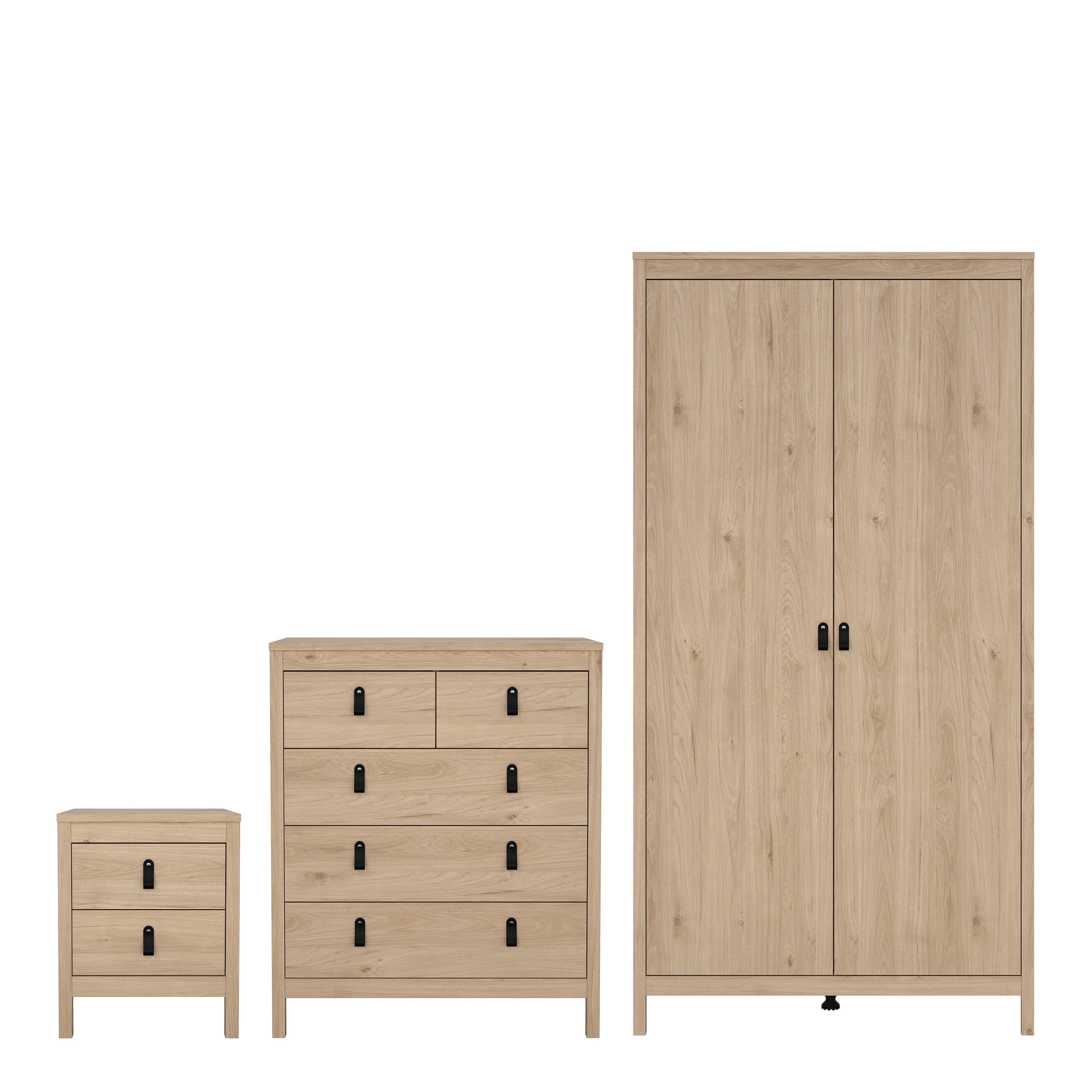 Barcelona Package – Bedside Table 2 Drawers + Chest 5 Drawers + 2 Door Wardrobe in Jackson Hickory Oak
