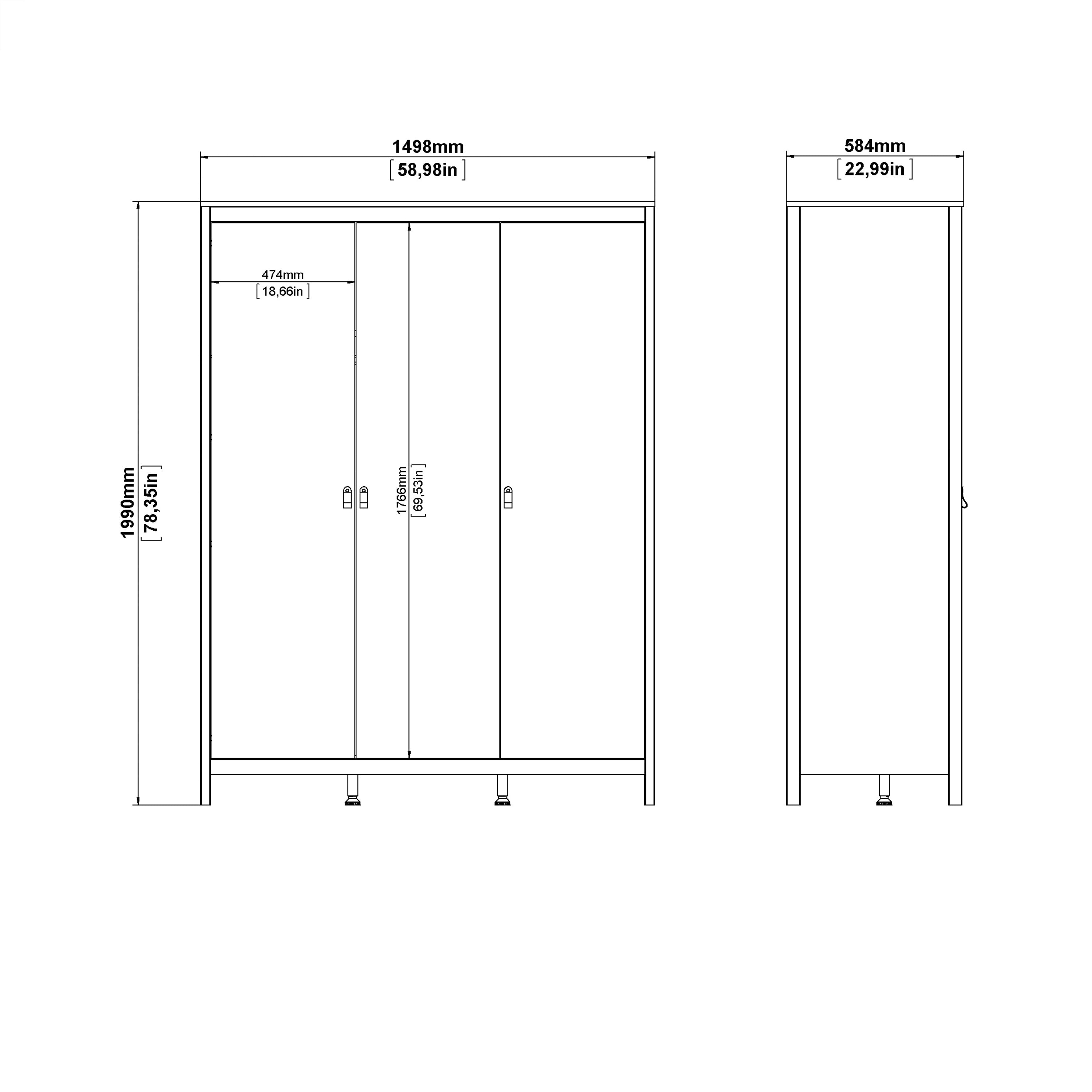 Madrid Package - Bedside Table 2 Drawers + Chest 5 Drawers + Wardrobe with 3 Doors in White – FTG, view 13