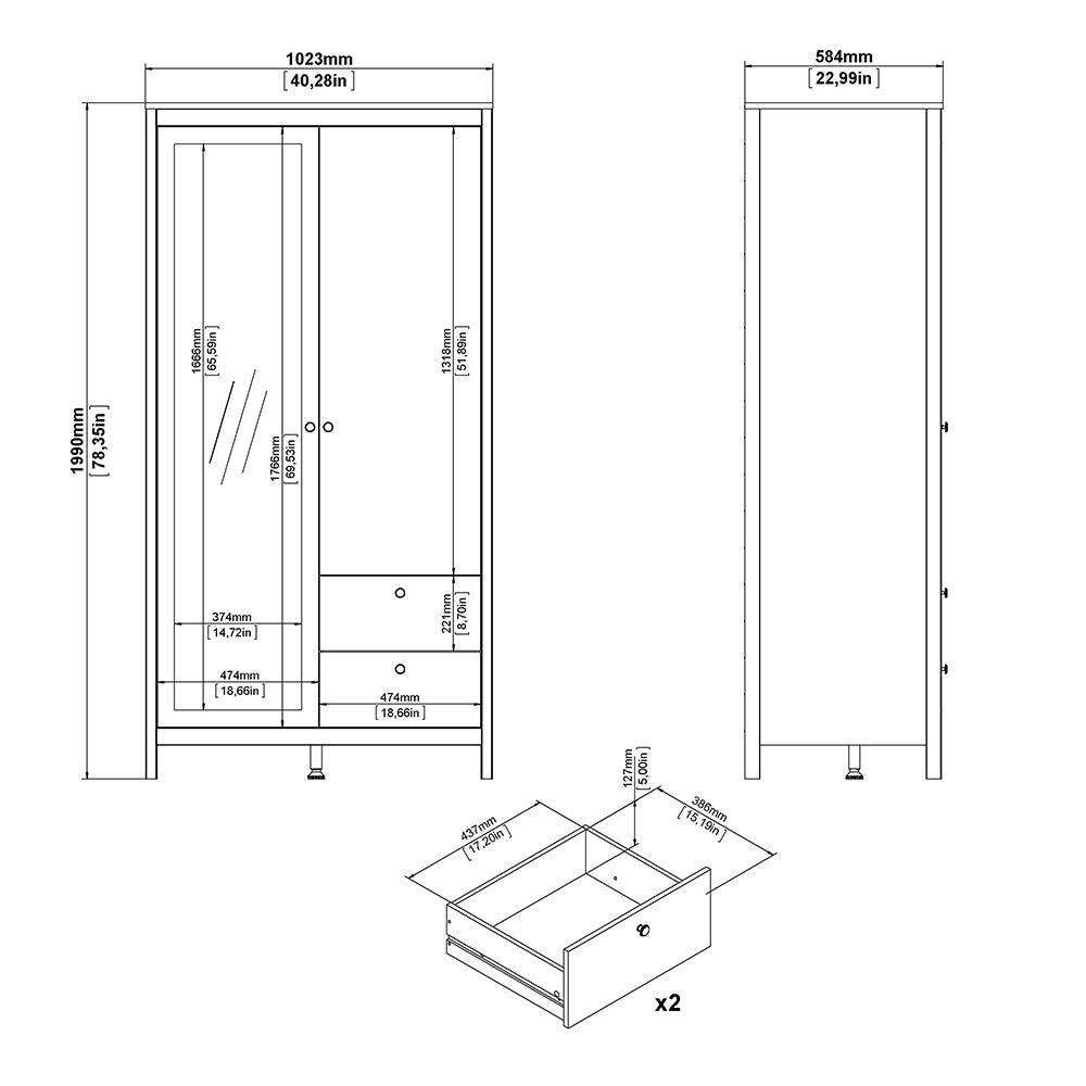 Madrid Wardrobe with 1 Door 1 Mirror Door 2 Drawers White – FTG, view 10