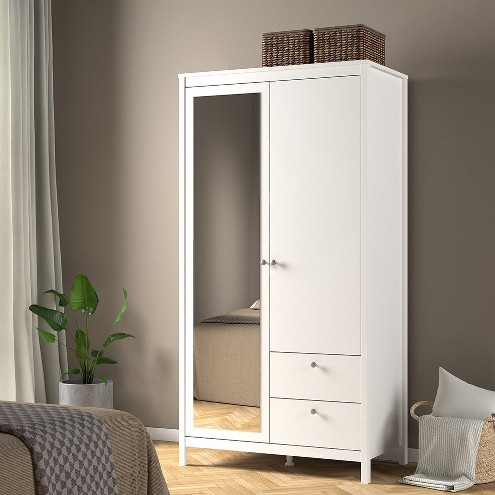 Madrid Wardrobe with 1 Door 1 Mirror Door 2 Drawers White – FTG, view 7