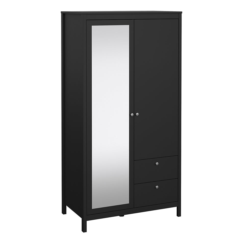 Madrid Wardrobe with 1 Door 1 Mirror Door 2 Drawers Matt Black – FTG