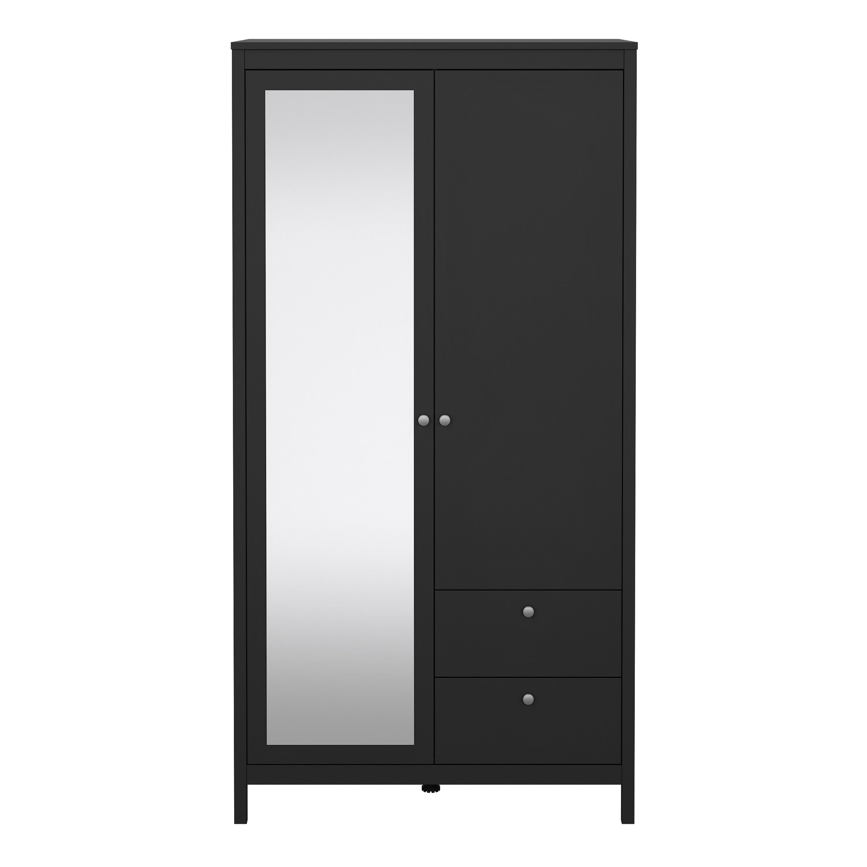 Madrid Wardrobe with 1 Door 1 Mirror Door 2 Drawers Matt Black – FTG, view 2