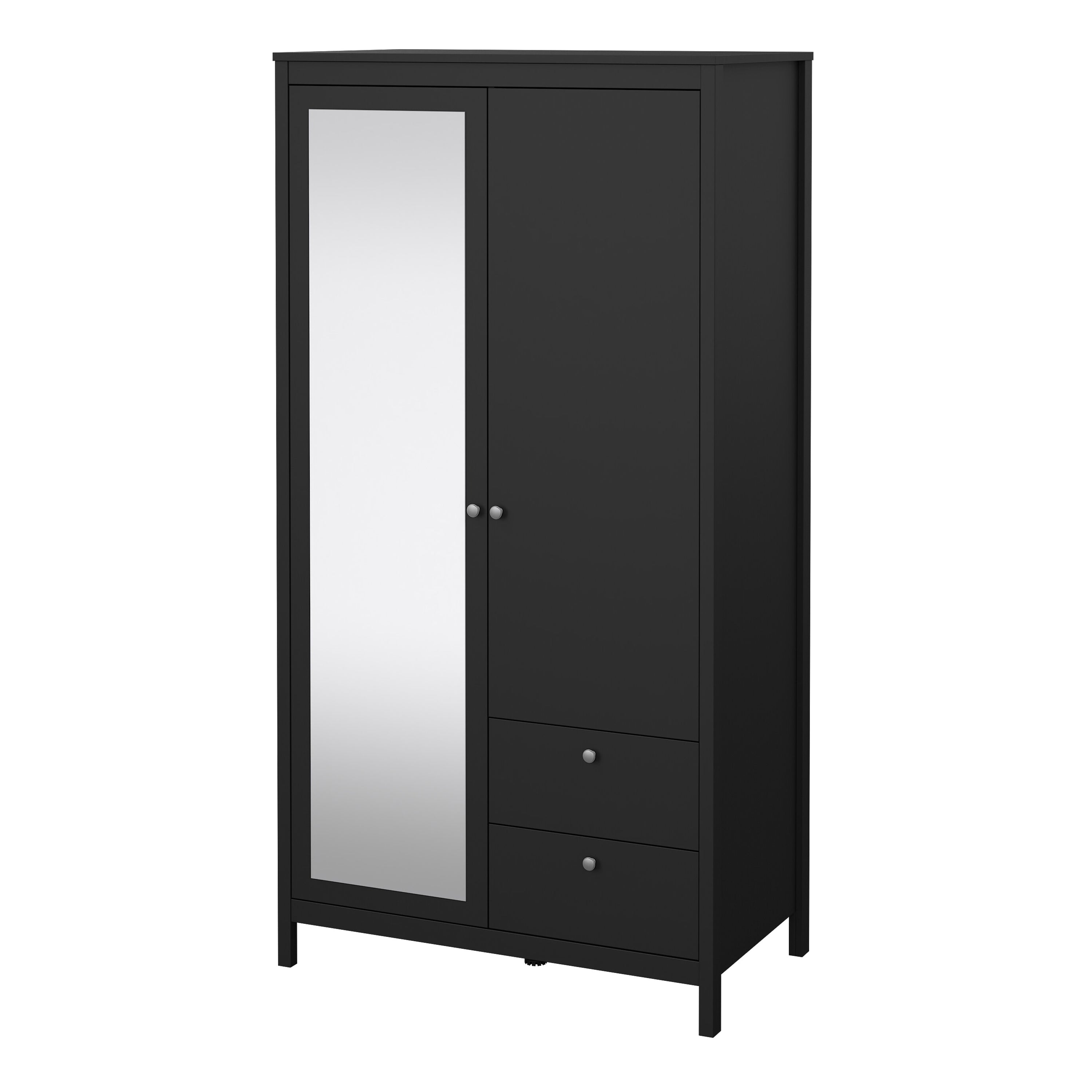 Madrid Wardrobe with 1 Door 1 Mirror Door 2 Drawers Matt Black – FTG, view 3