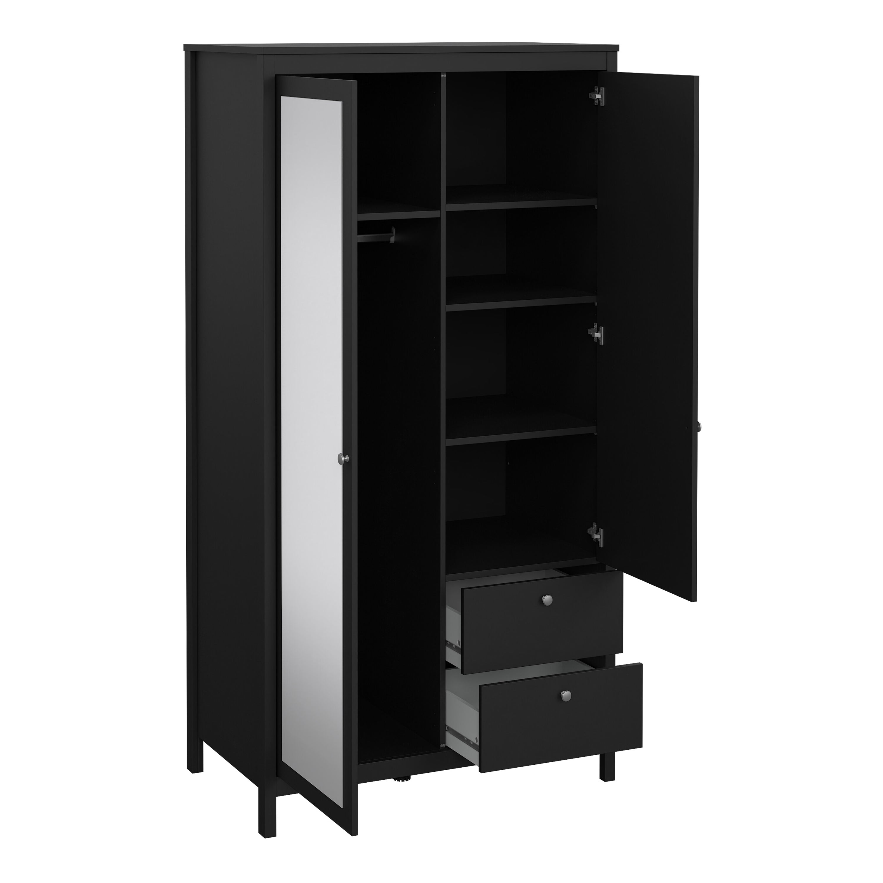 Madrid Wardrobe with 1 Door 1 Mirror Door 2 Drawers Matt Black – FTG, view 5