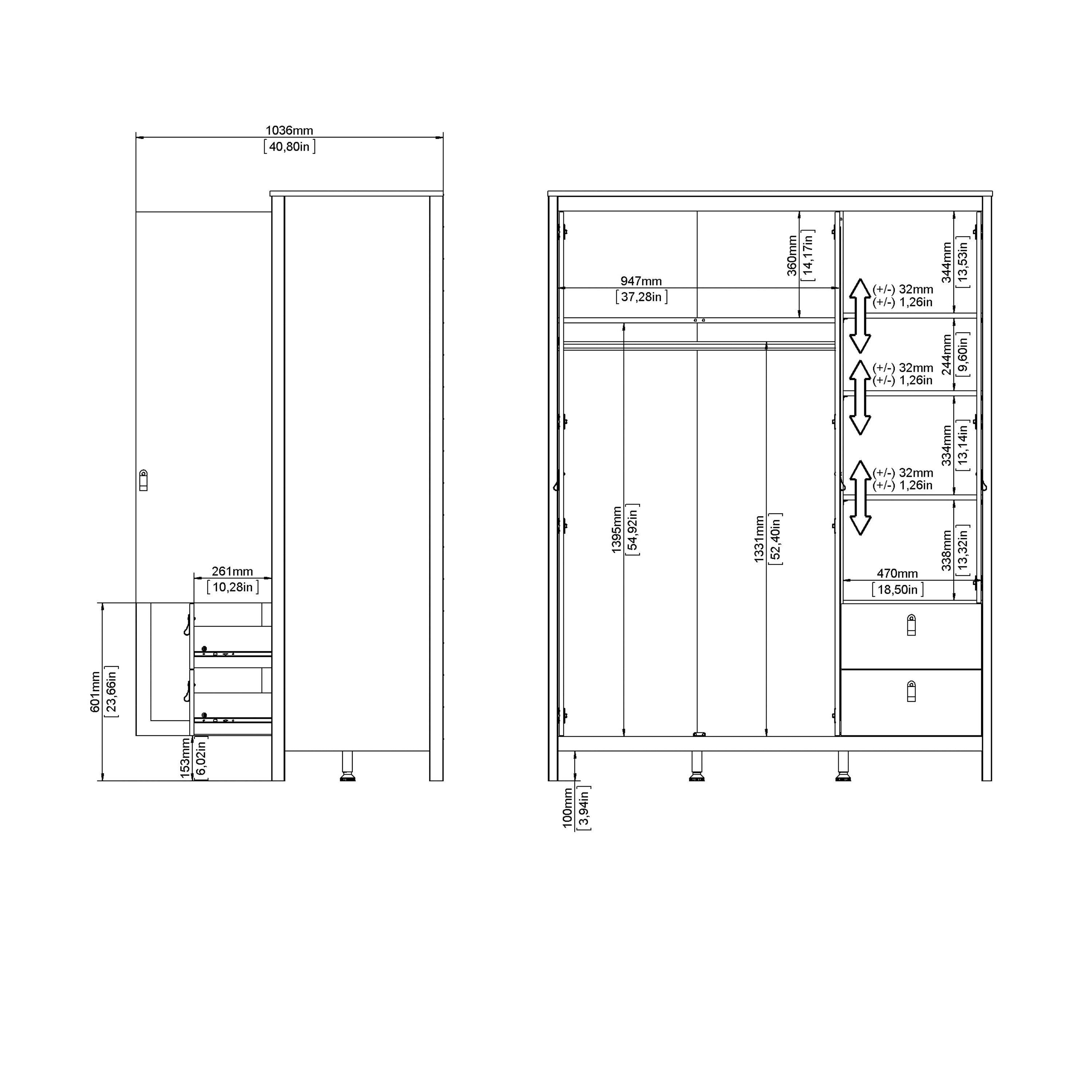 Madrid Wardrobe with 2 Doors + 1 Mirror Door + 2 Drawers in Cashmere – FTG, view 11