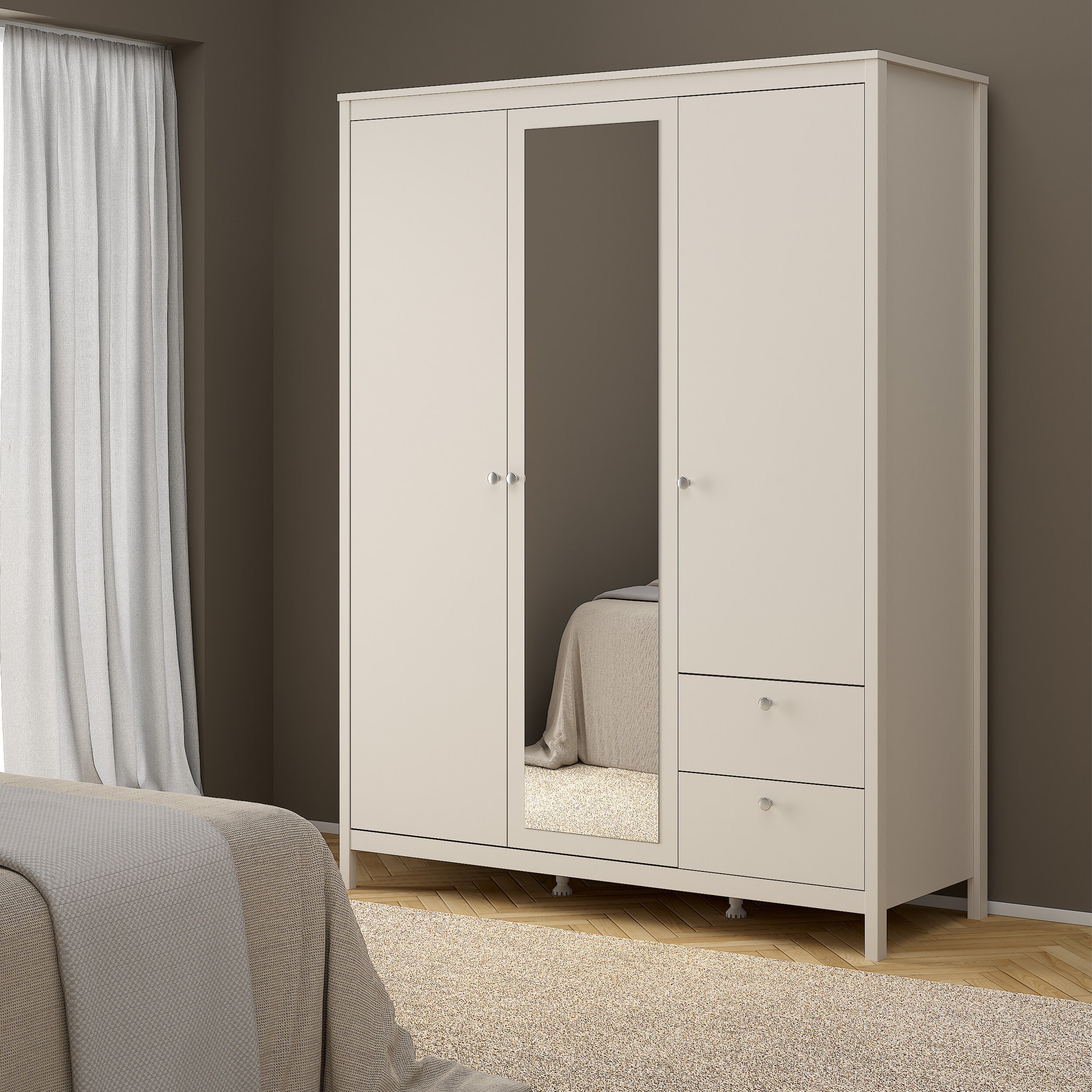 Madrid Wardrobe with 2 Doors + 1 Mirror Door + 2 Drawers in Cashmere – FTG, view 7