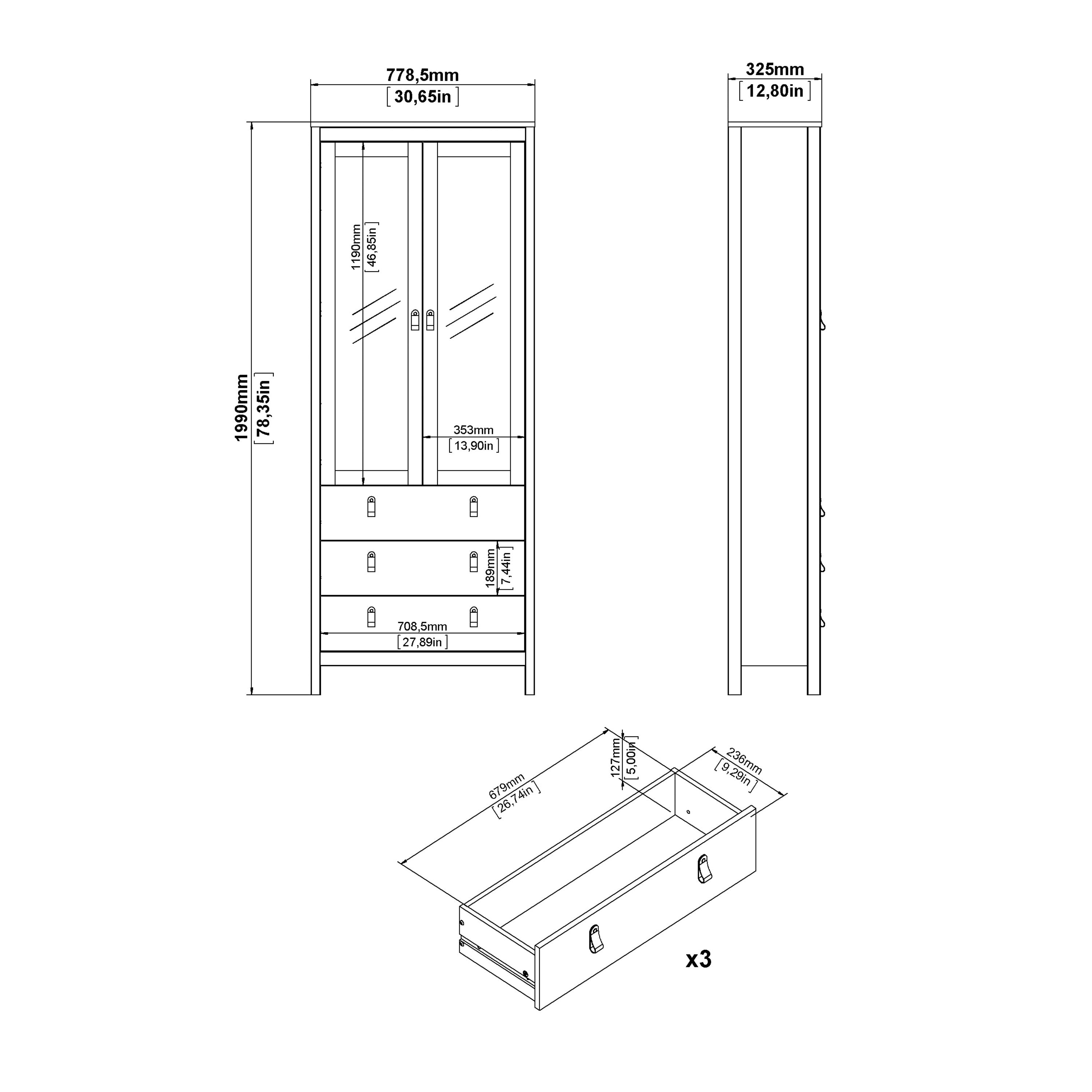 Madrid China Cabinet 2 Glass Doors with 3 Drawers in White – FTG, view 10