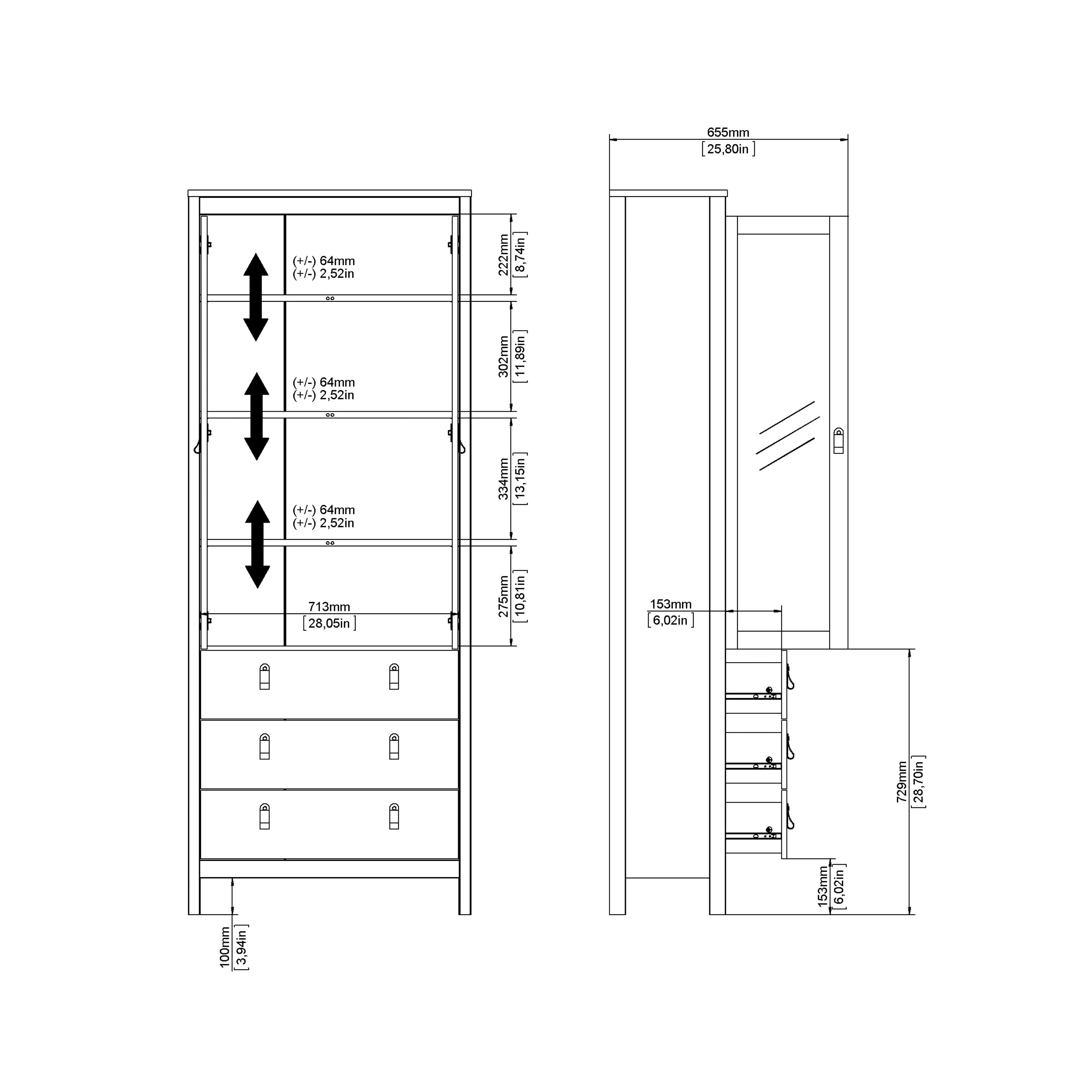 Madrid China Cabinet 2 Glass Doors with 3 Drawers in White – FTG, view 11